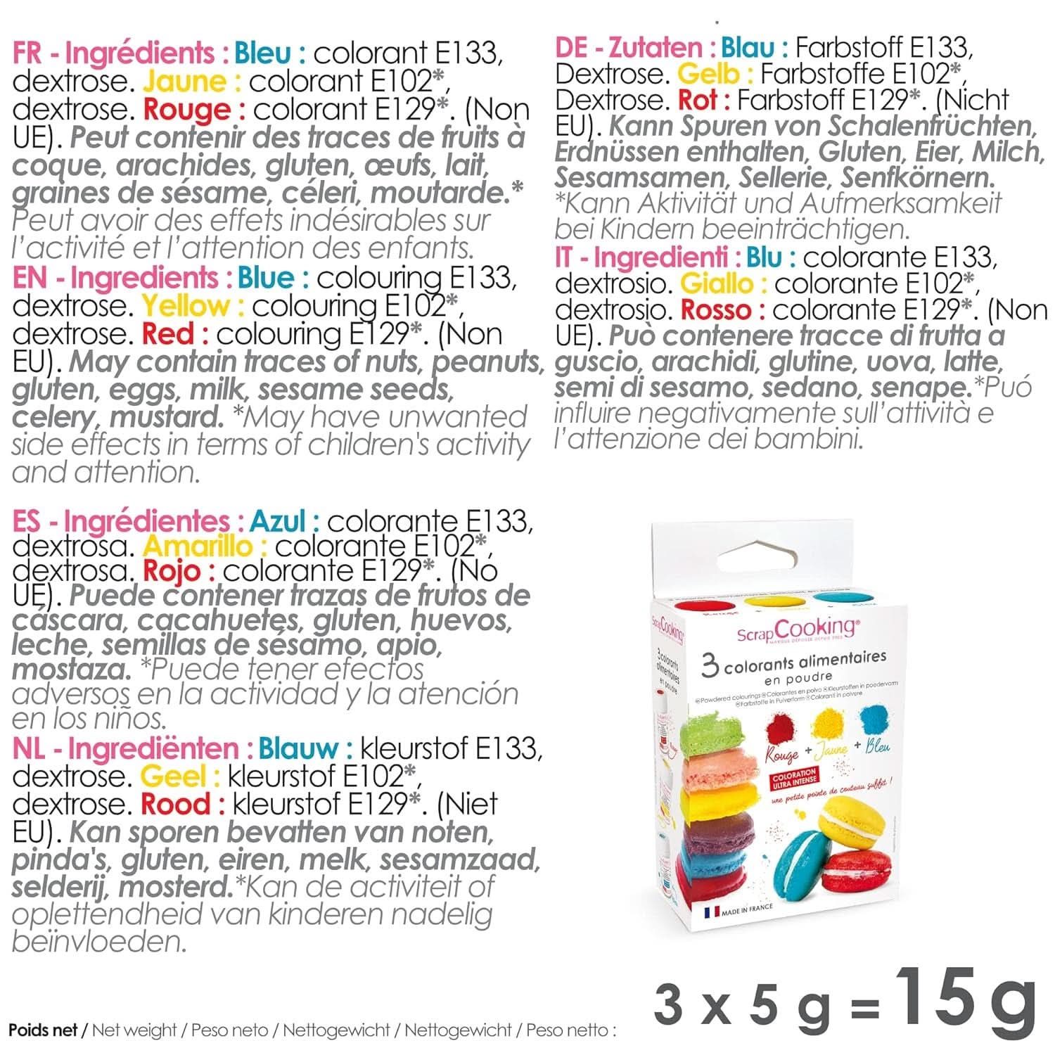 ScrapCooking, sæt med 3 pulveriserede madfarver - rød, gul, blå, 3 x 5 gram Naty Shop