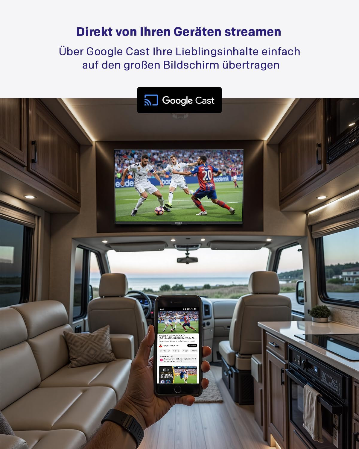 Televizor HD STRONG SRT32HG4723C de 32'' - DVB-S2/C/T2, 12V Ideal pentru autorulote, bucătării, dormitoare, bărci, 2 porturi HDMI + 1 port USB + Mini-AV + conexiune antenă/satelit - Negru