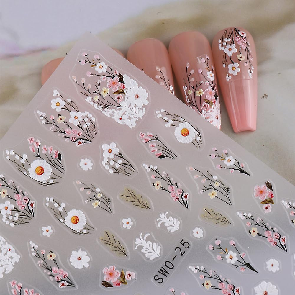 Autocolante pentru unghii cu flori de prun, autocolante pentru unghii cu flori albe și roz, autocolante pentru unghii cu flori în relief, autocolante pentru unghii cu flori de primăvară și vară, design pentru unghii, accesorii pentru unghii, nail art
