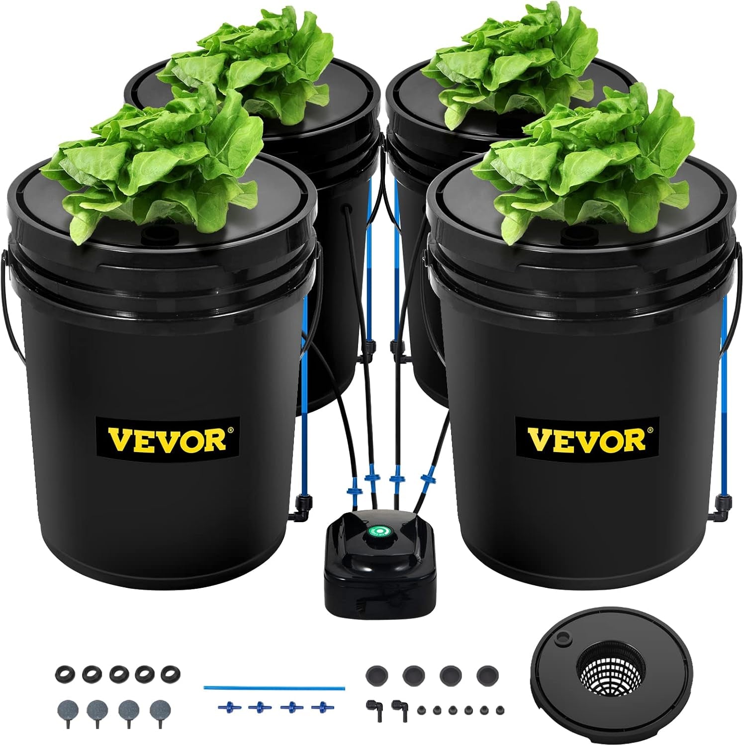 VEVOR DWC Hydroponic Grow System, Hydroponic Grow Systems, Dybvandsdyrkning 4 20 liters spande, DWC System med luftpumpe, luftsten og vandstandsindikator til bladgrøntsager