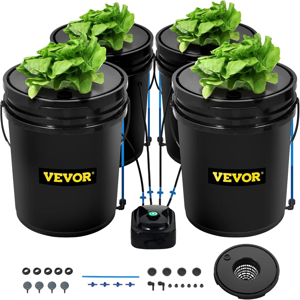VEVOR DWC Hydroponic Grow System, Hydroponic Grow Systems, Dybvandsdyrkning 4 20 liters spande, DWC System med luftpumpe, luftsten og vandstandsindikator til bladgrøntsager