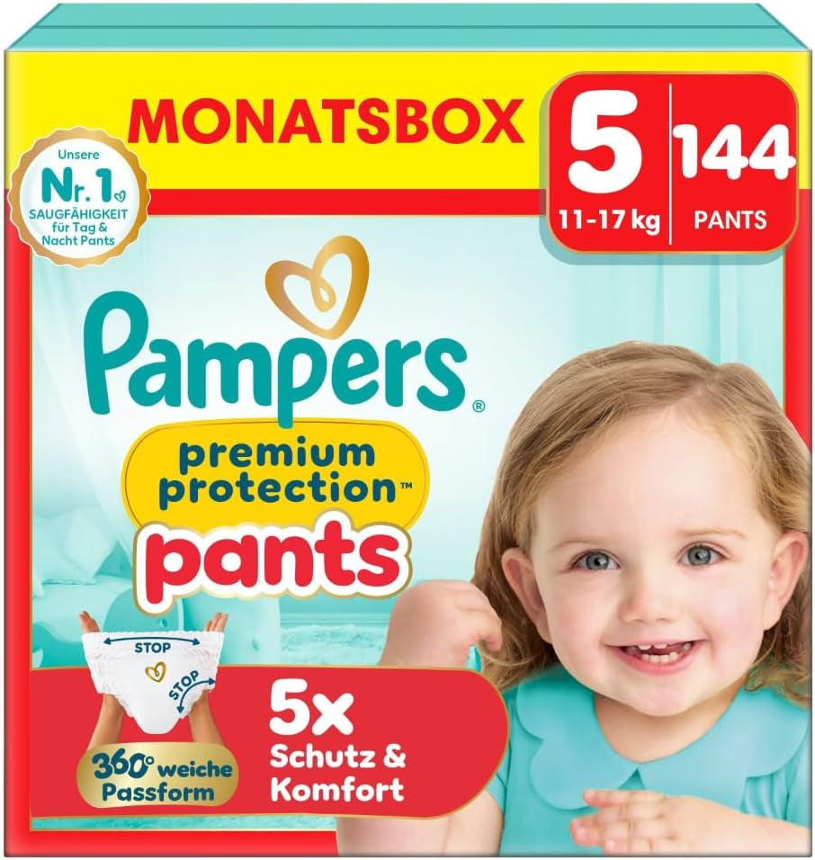 Pampers Premium Protection Pants Str. 7, 123 Bleer, 15 kg+, med 360° justering og bløde anti-lækage manchetter for optimal komfort og beskyttelse