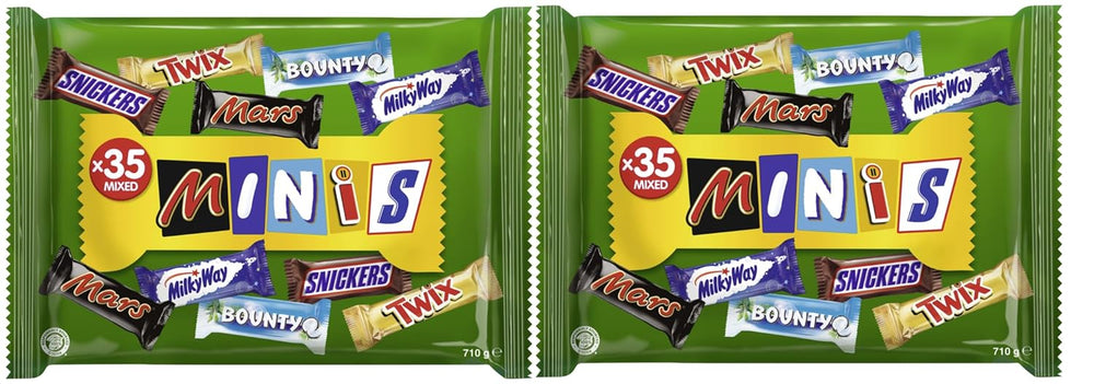 Miniblandet chokoladepakke, chokolade, 35 minichokoladesnacks (Mars, Snickers, Bounty, Twix, Mælkevejen) som slik, chokoladegave, slikæske (710 g)