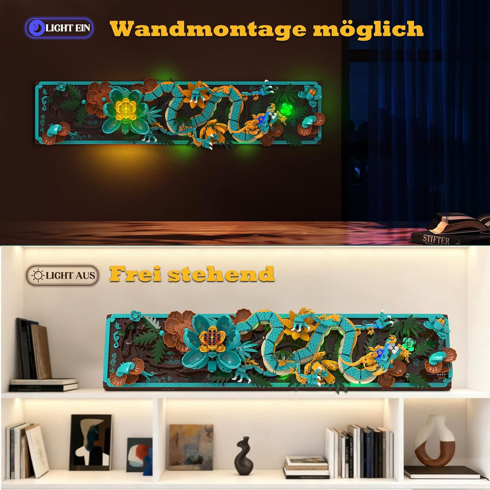 Kit de construcție cu plăci de dragon mitic pentru adulți, jucărie de construcție artistică 3D Divine Loong cu lumini LED și flori, kit de model DIY cu relief de dragon, cadouri creative și decorațiuni (1676 piese)