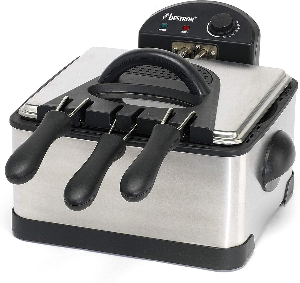 Friteuză cu ulei Bestron XL Cu 3 coșuri de prăjire, Inclusiv tehnologie cu zonă rece și recipient de ulei detașabil, 4 litri, 2000 W Electrocasnice Naty Shop Argintiu