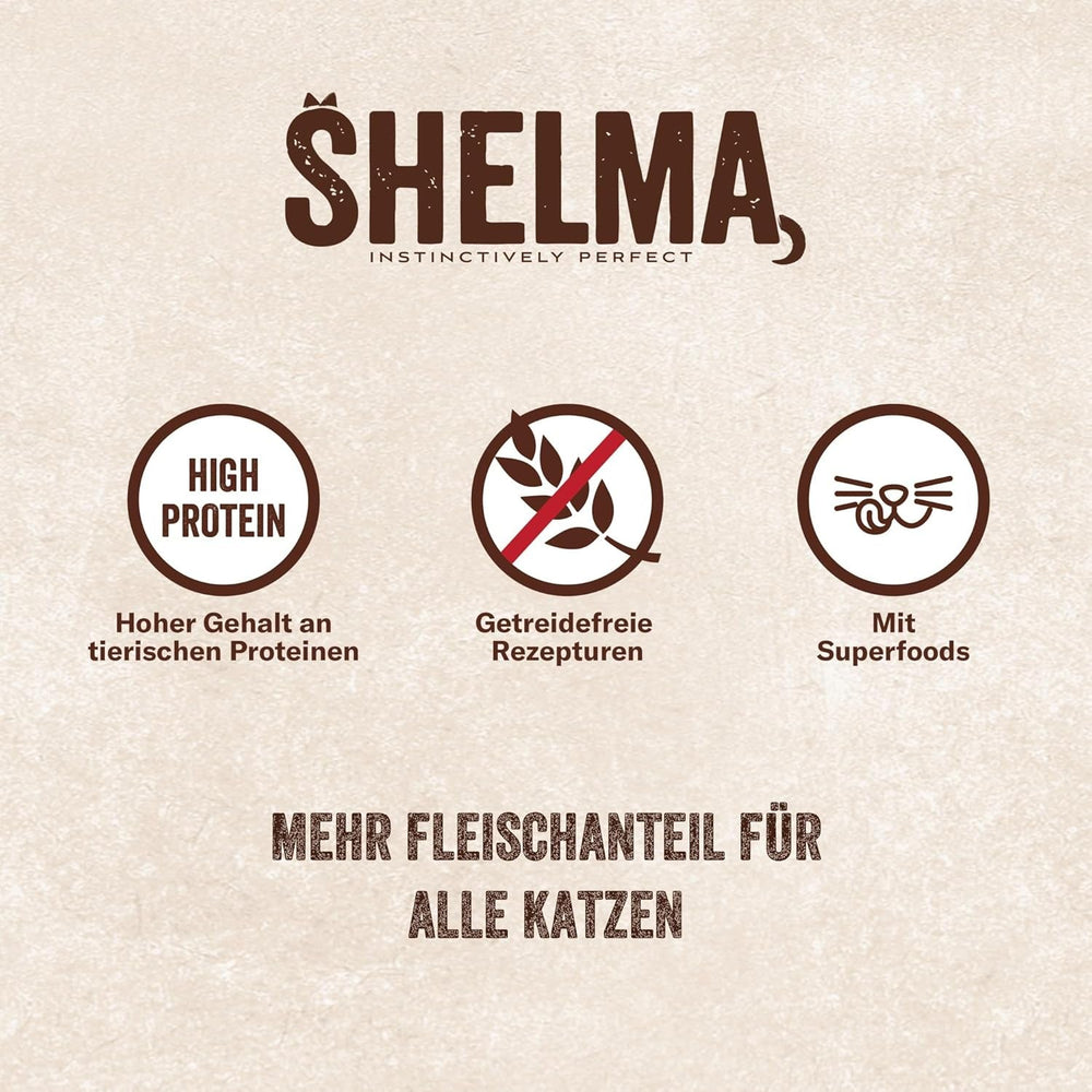 Shelma Hrană umedă pentru pisici Megapack cu carne de vită, curcan, pui și rață – Hrană completă fără cereale cu conținut ridicat de carne – 40 x 85 g (3,4 kg)