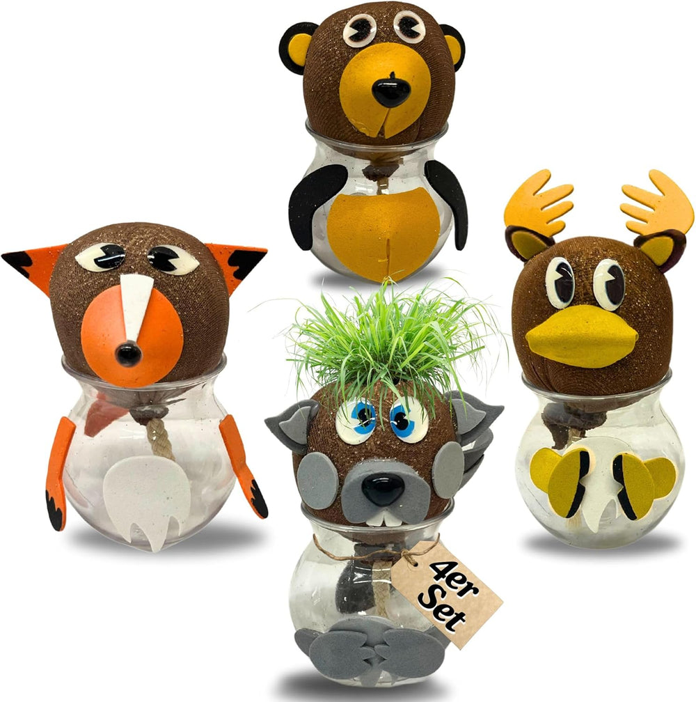 Bada Bing Graskopf 4er Sæt inkl. Wasserbehälter Waldtiere DIY Tiere – Rasenkopf Tierkopf mit Rasensamen – Experiment für Kinder – Spaß mit Lerneffekt – Geschenk Mitbringsel Kindergeburtstag Mitgebsel