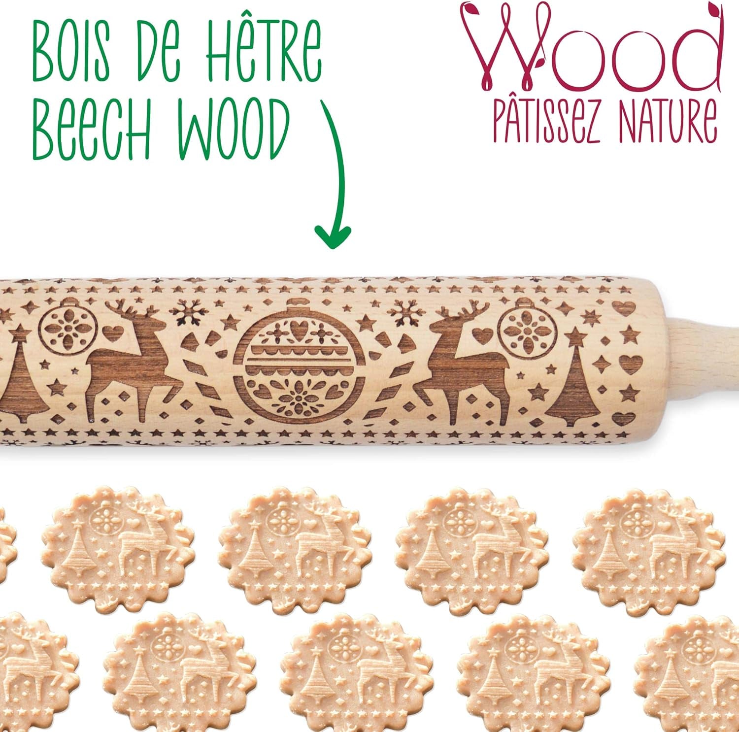 Scrap Cooking Teigrolle aus Holz "Xmas" mit weihnachtlichen Motiven – Prægerolle mit gepfragten Verzierungen für Kekse – dekorative Zubehör – 5242