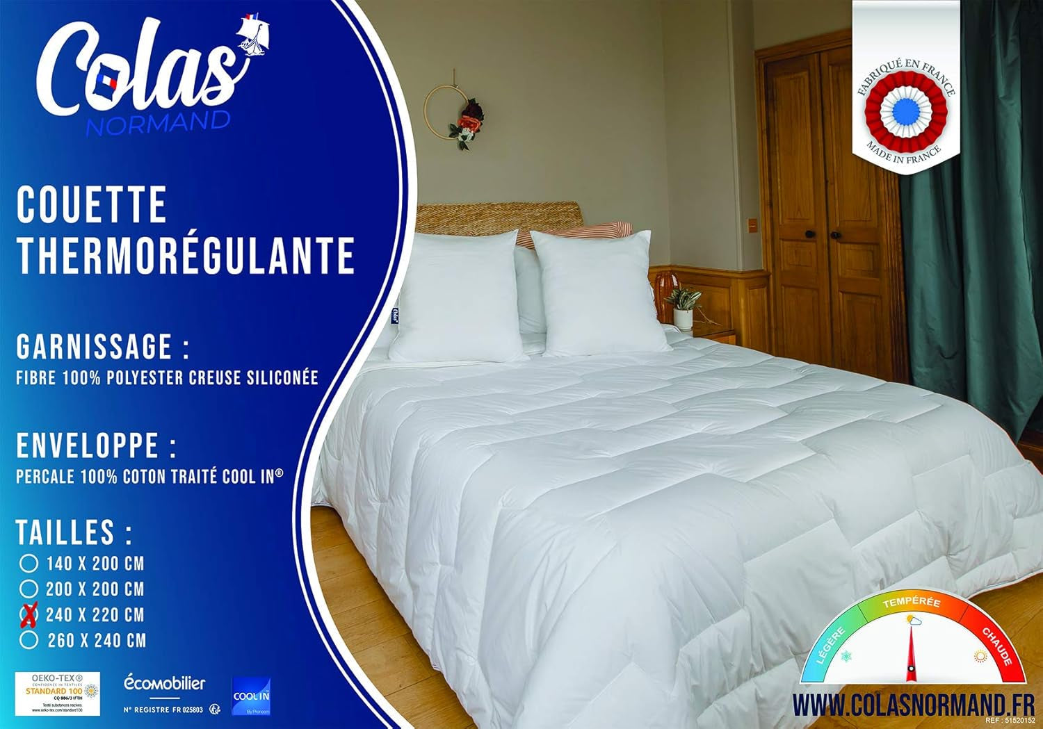 Termoregulerende quilt, Tempereret, 240 X 220 Cm, Sved, Optimal ventilation, 100% bomuld, Percale, Fresh Feel, Franske Quilts og quilts Naty Shop