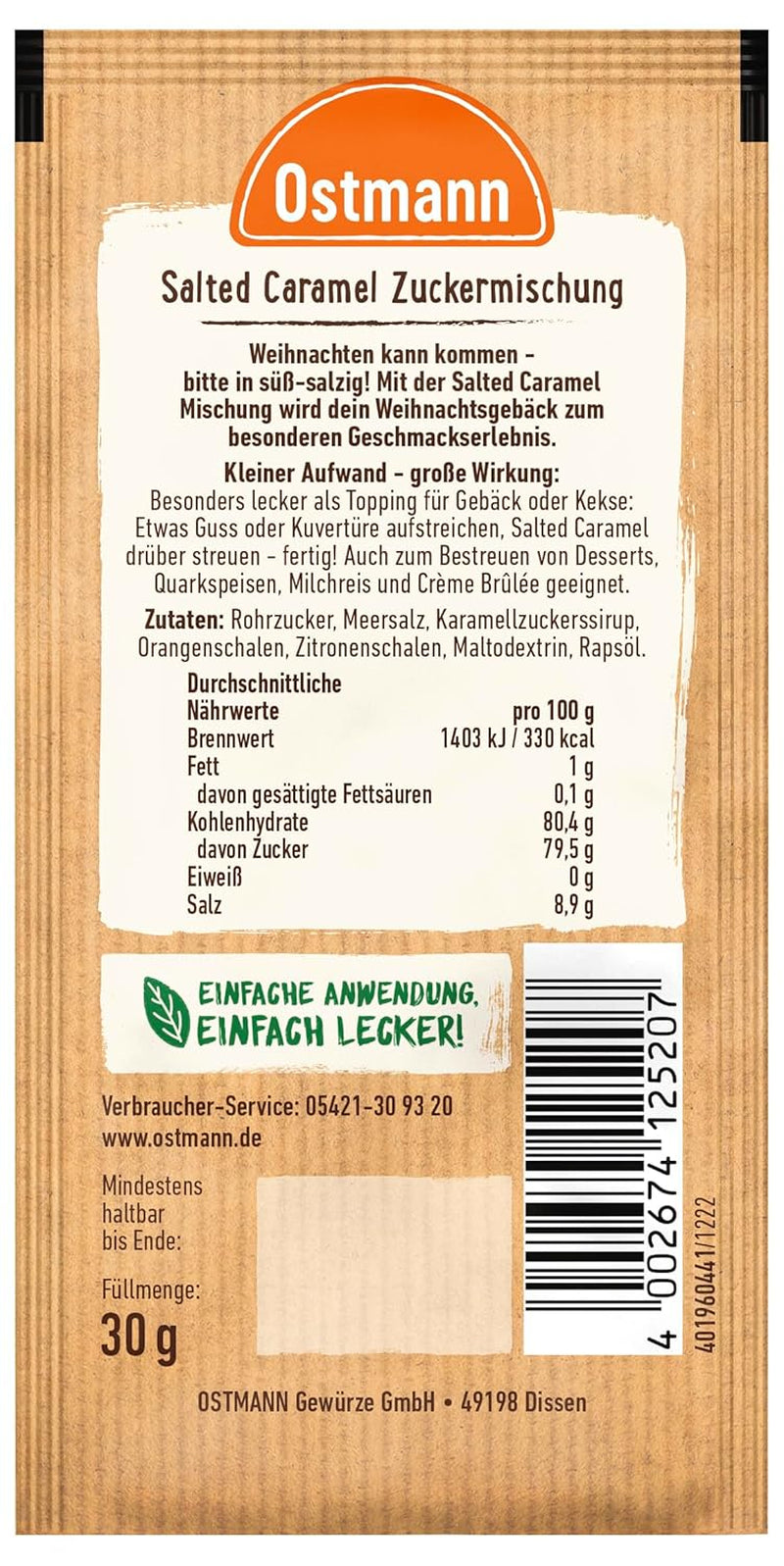 Ostmann Gewürze – Salted Caramel Zuckermischung, süß-salzige Mischung für Kekse, Gebäck og desserter, 30 g i pose
