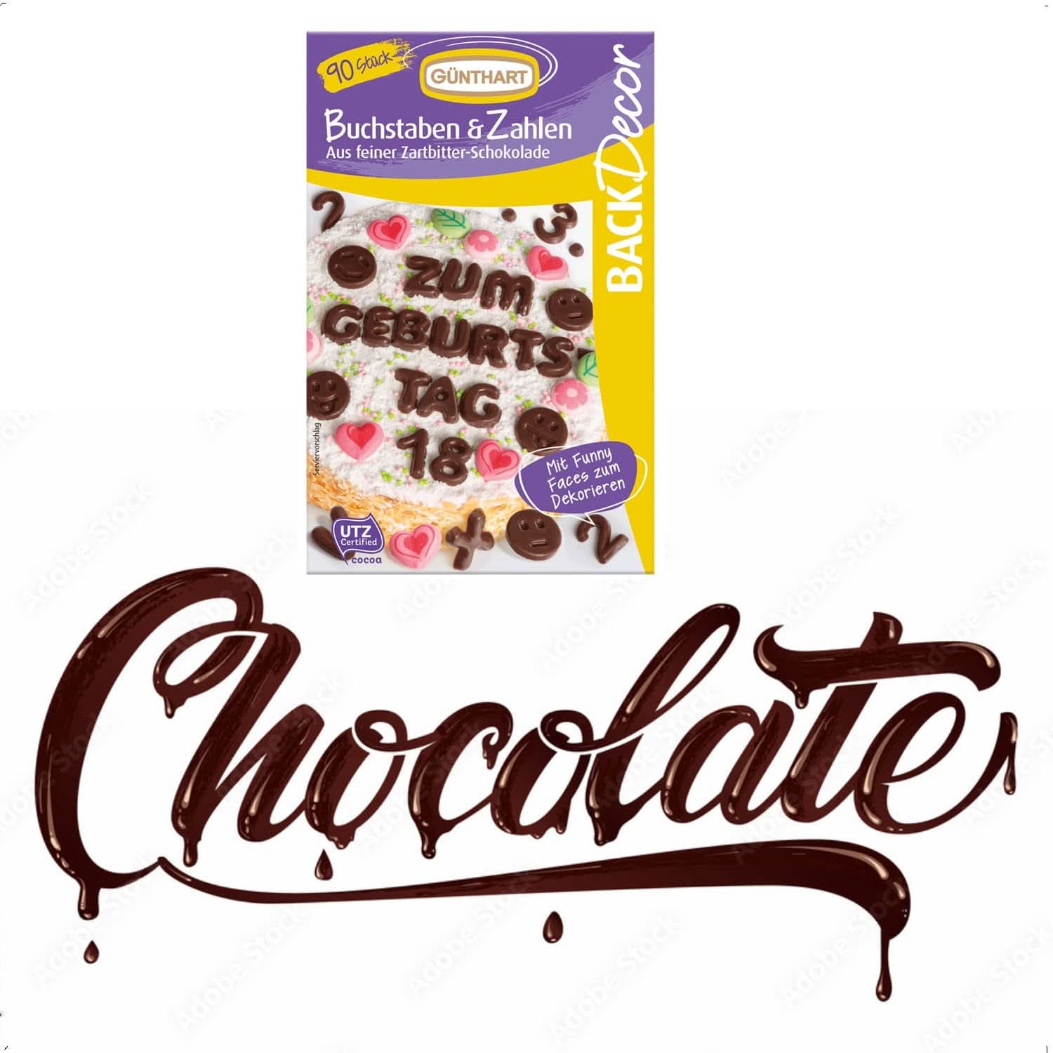 Günthart Backdecor, 90 stykker chokoladebogstaver, alfabet og tal i fin mørk chokolade, 47 gram Naty Shop