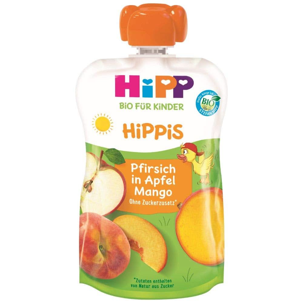 Hipp Super-Hippis presseposer, granatæble acerola i æble-hindbær, 100% økologisk frugt uden tilsat sukker, 6 poser á 100 g Mor og barn Naty Shop 6 x 100 gram Fersken Æble Mango