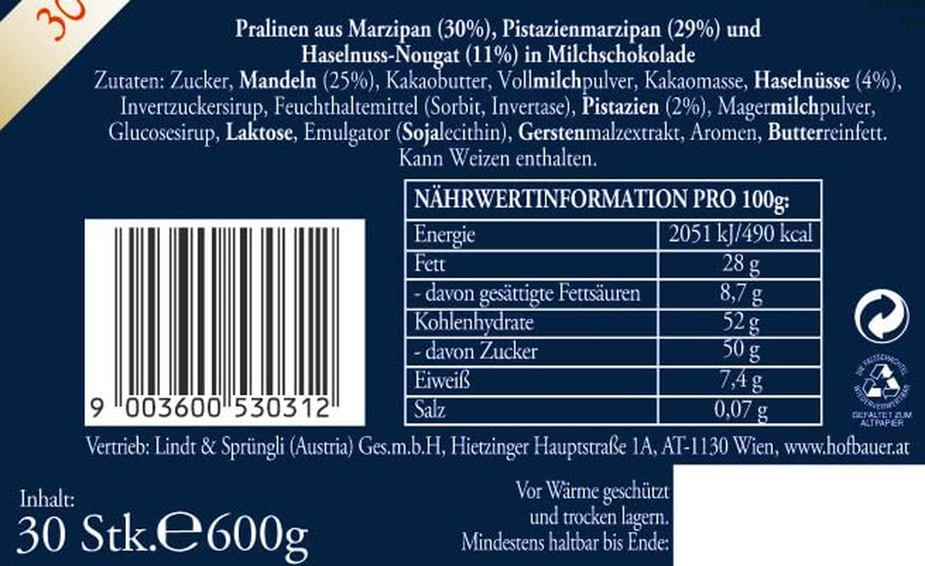 Hofbauer Wien Mozartkugeln Æske mælkechokolade 600 g (30 stykker)