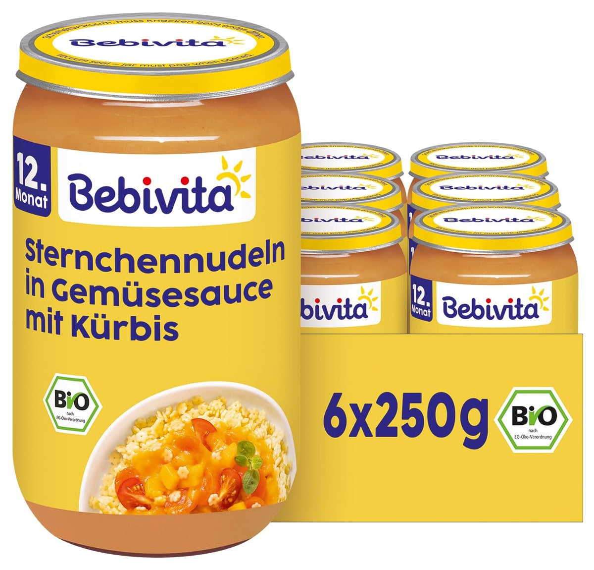 Måltider fra 12 måneder: Stjerneformet pasta i græskar- og grøntsagssauce, 250 g, pakke med 6 (6 x 250 g)