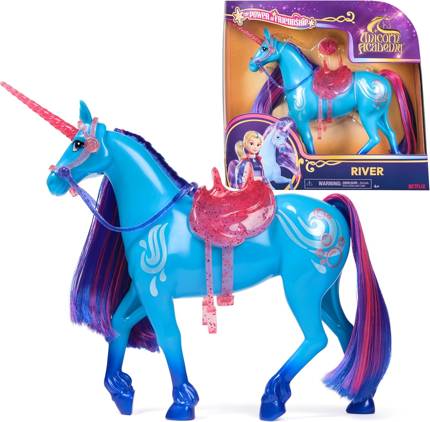 Academia Unicornilor Unicorn River - 28 cm înălțime, unicorn original de Isabel din serialul Netflix, cu coamă și coadă reale, frâu și șa detașabile și perie, pentru copii cu vârsta de 4 ani și peste