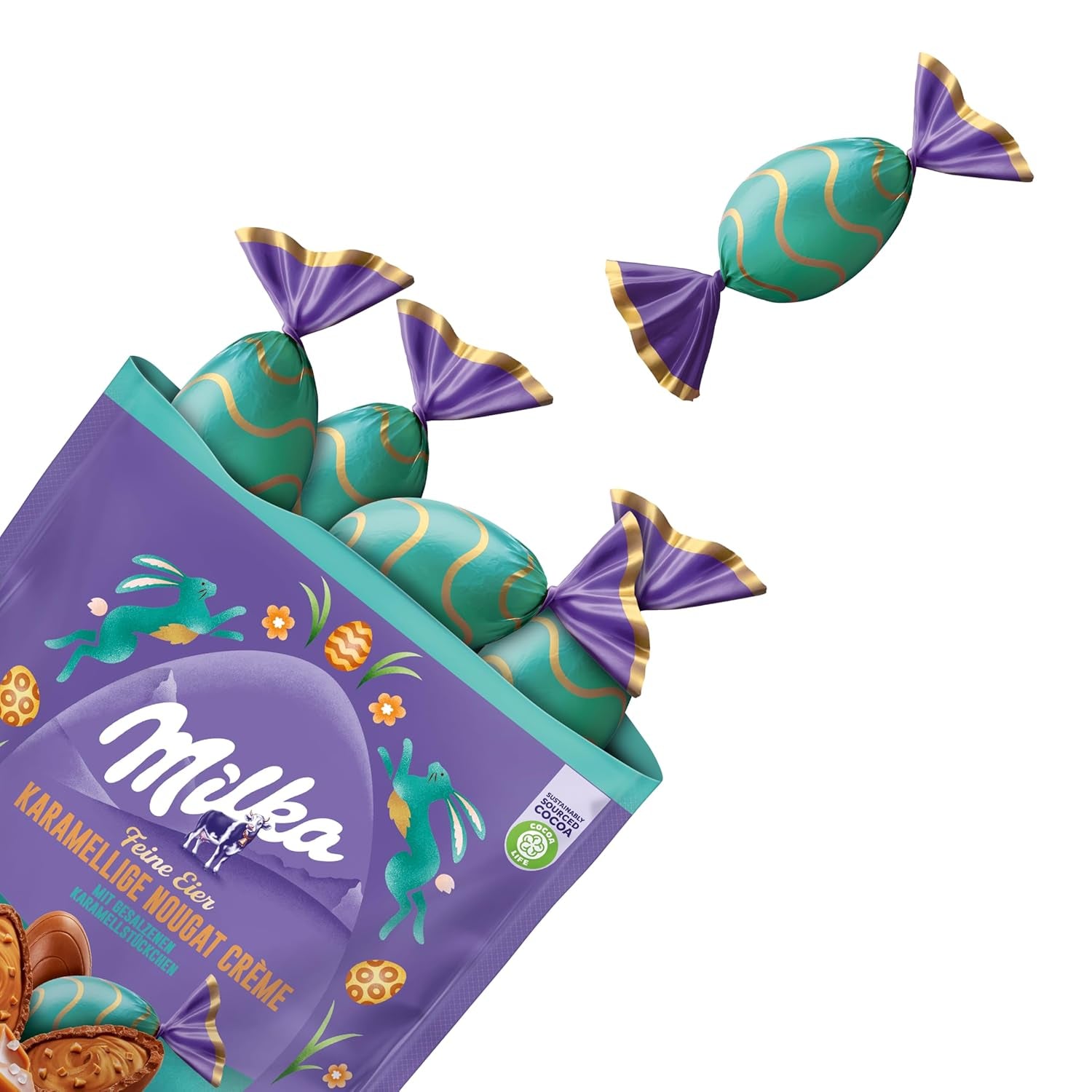 Milka fine æg - fyldt med karamelcreme og nougat og stykker saltkaramel - 90g
