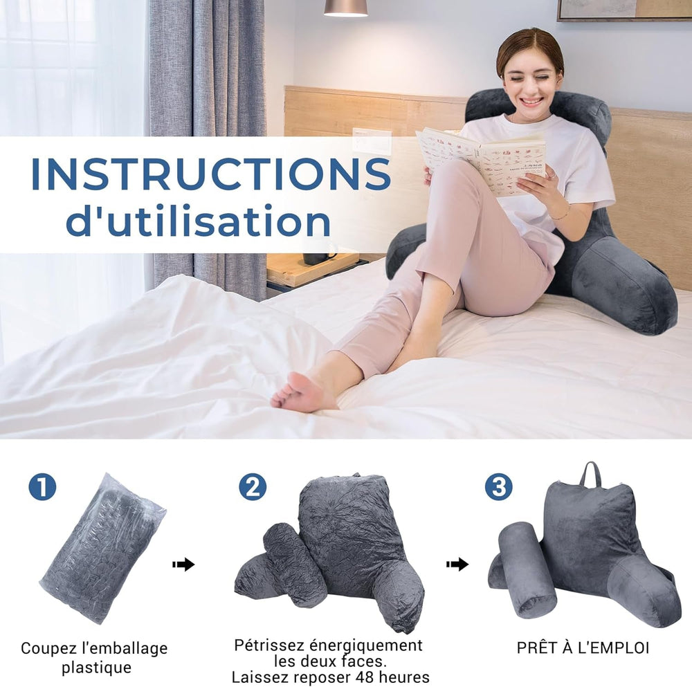 Pernă ergonomică pentru citit INFANZIA cu cotiere, suport pentru spate din spumă cu memorie, gri, M