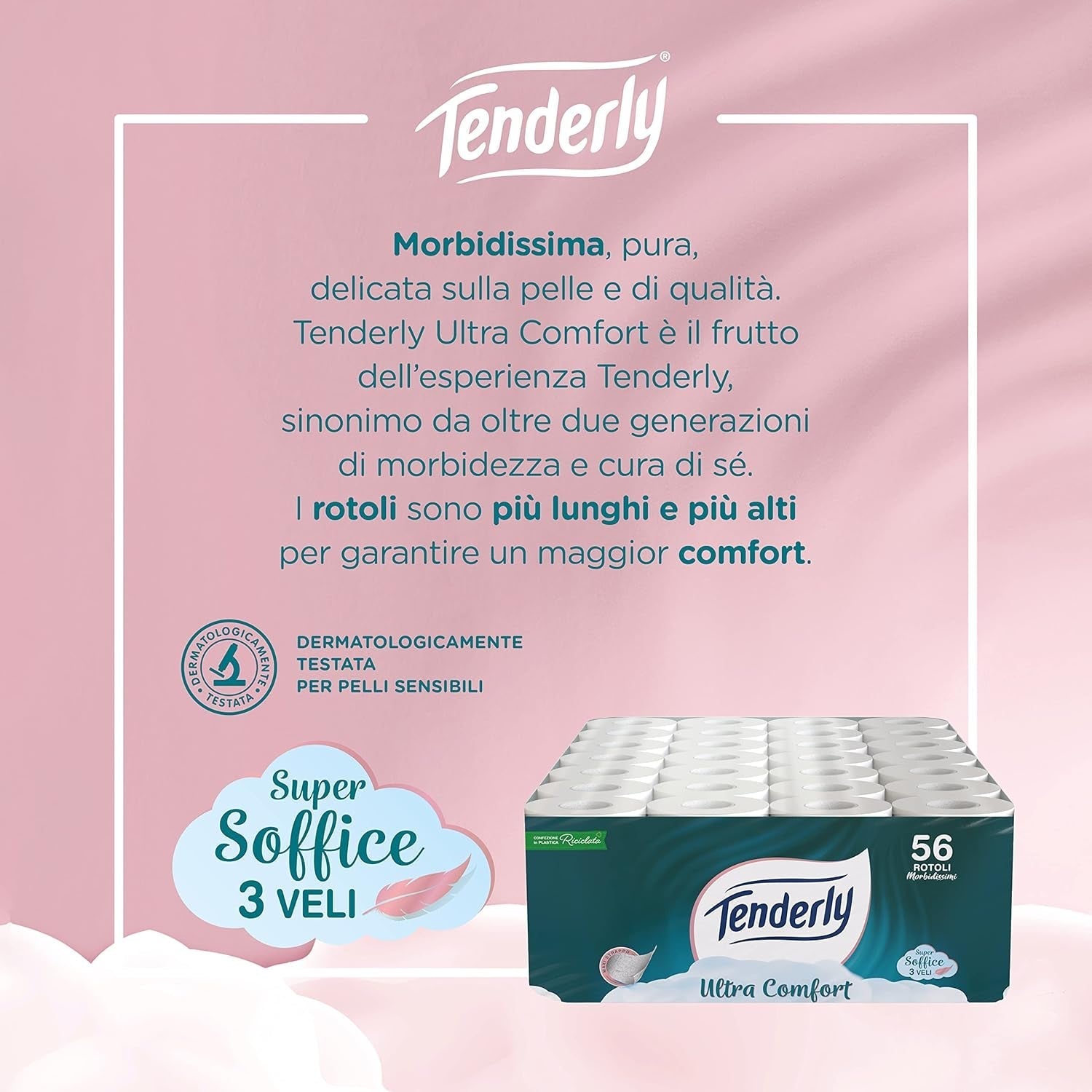 Ultracomfort, hârtie igienică cu 3 straturi, 56 role de hârtie igienică foarte moale și pură, testată dermatologic pentru pielea sensibilă, confort și delicatețe garantate