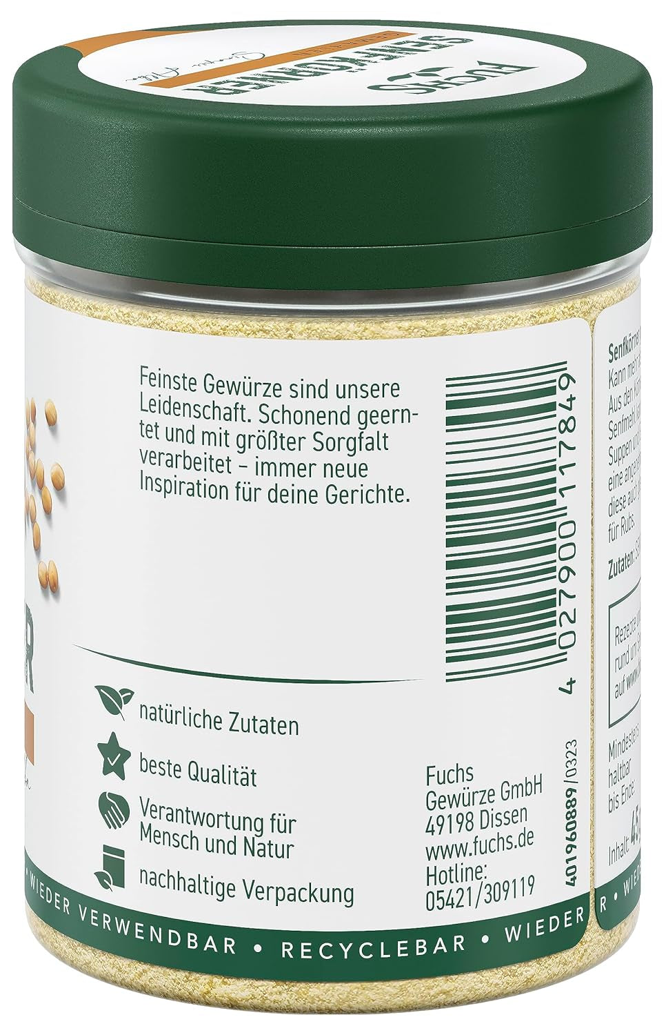 Fuchs Gewürze - Senfkörner gemahlen - für die Zubereitung von Rubs, zum Verfeinern von Suppen og Saucen - naturlige ingredienser - 45 g i wiederverwendbarer, genbrugsbarer Dosis