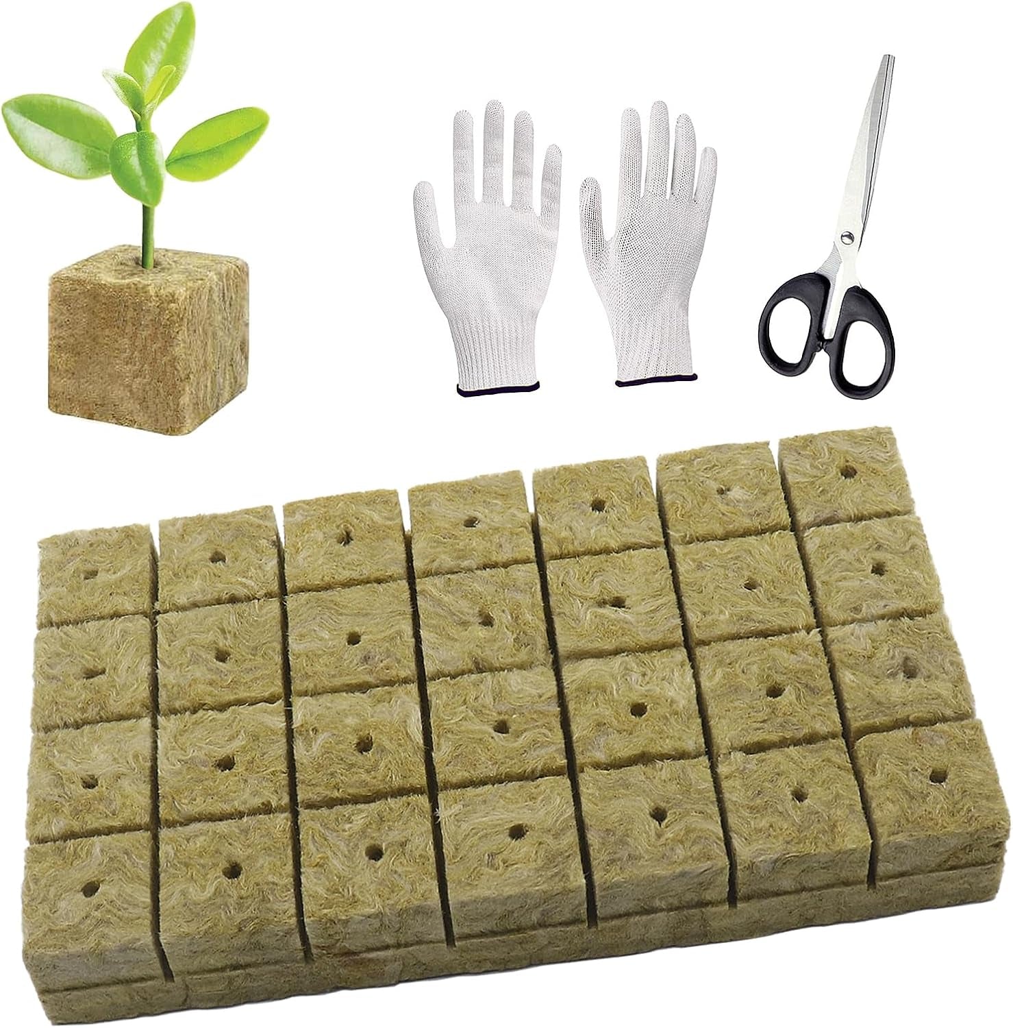 50 stk Mineraluldsdyrkningsmåtte, Mineraluldsterning, Mineraluldsisolering, Mineraluldsdyrkningsmåtte med saks og handsker til jordfri dyrkning, hydroponi og transplantation