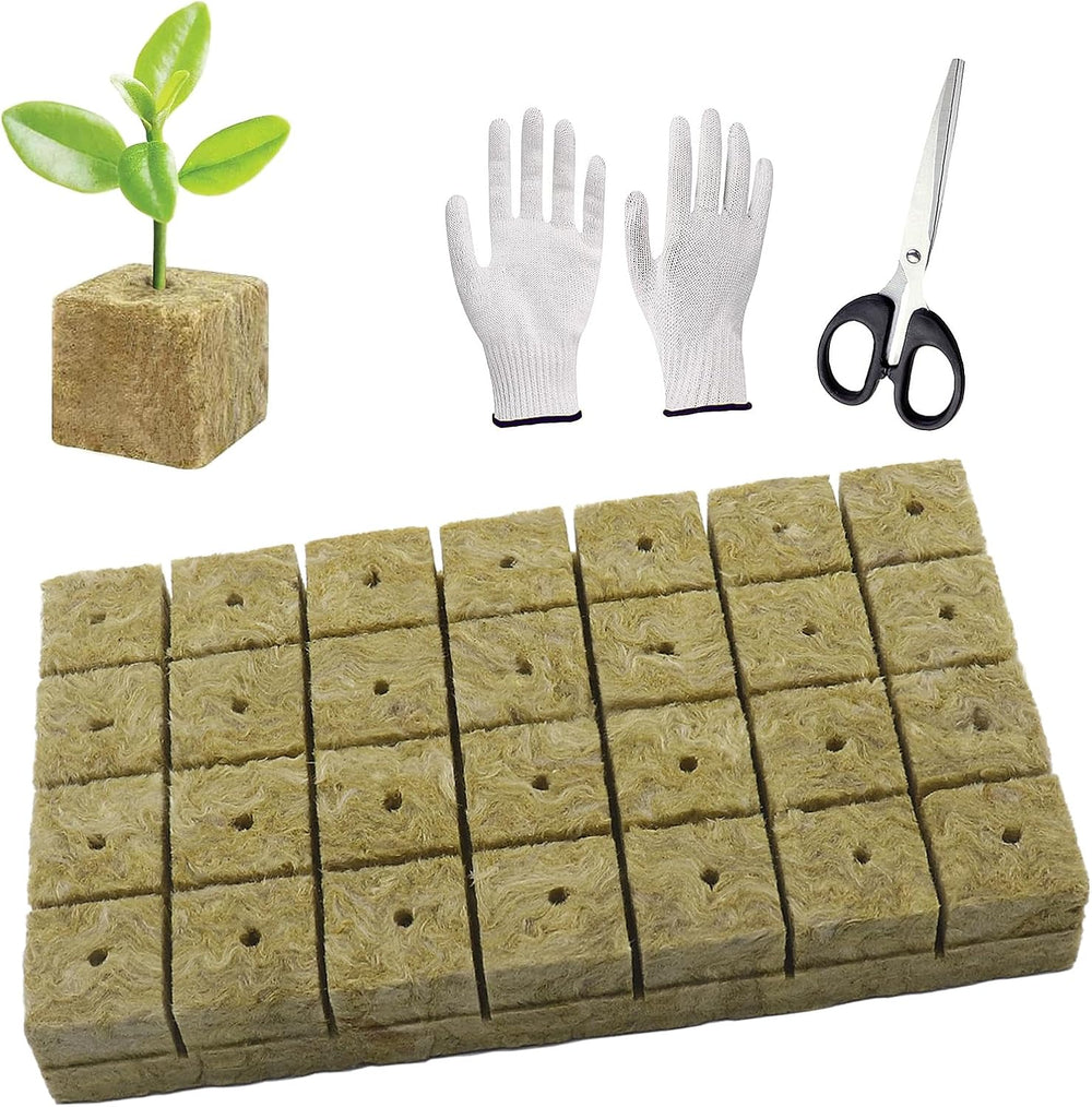 50 stk Mineraluldsdyrkningsmåtte, Mineraluldsterning, Mineraluldsisolering, Mineraluldsdyrkningsmåtte med saks og handsker til jordfri dyrkning, hydroponi og transplantation