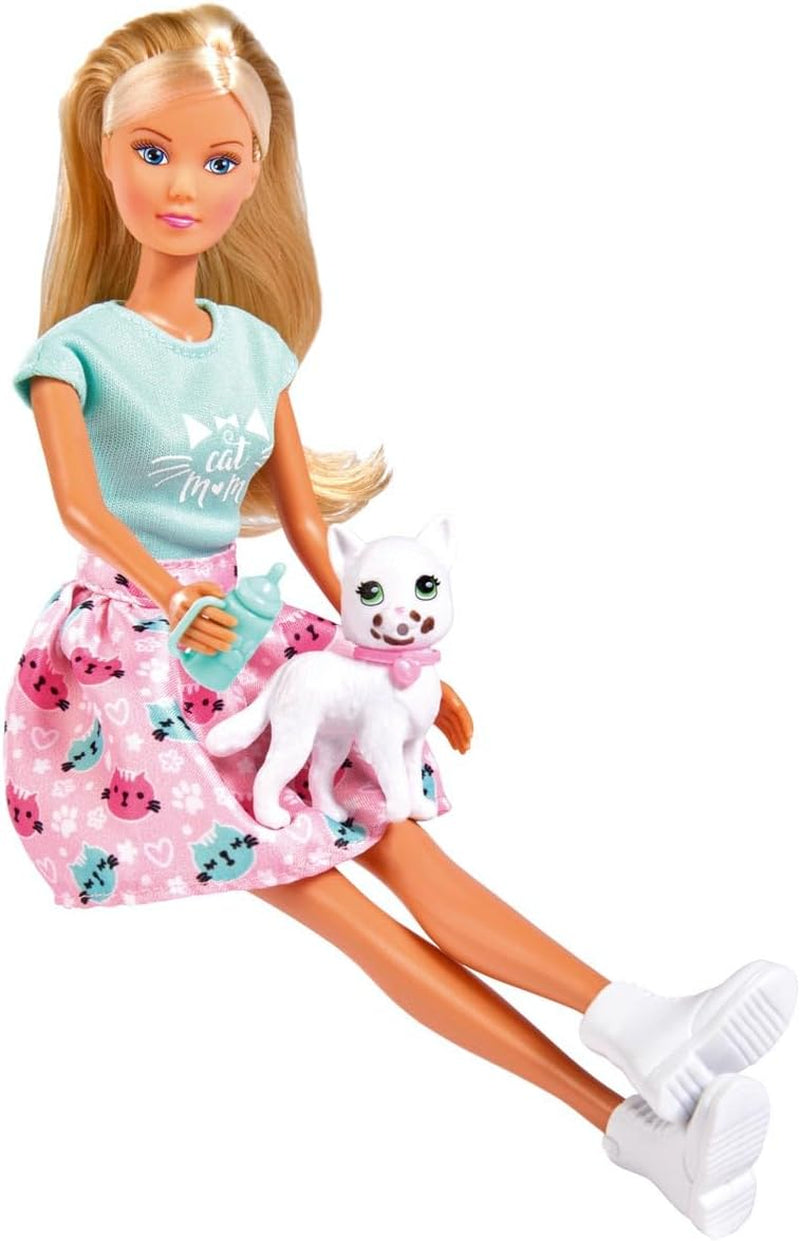 Simba 105733489 - Steffi Love Kitty Love, Puppe i et modificeret outfit med süsser Katze med Essen um Mund, med viel Zubehör