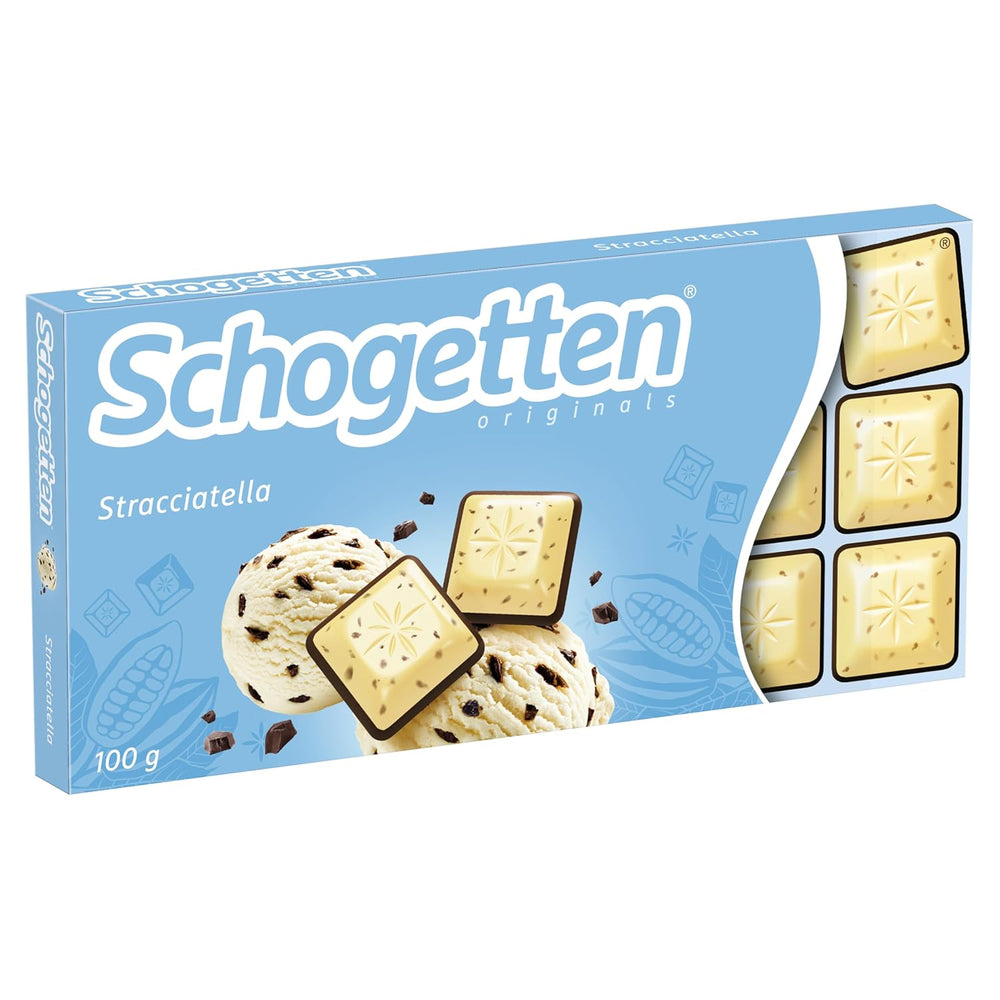 Schogetten Stracciatella chokoladebar 100g, individuelt portioneret. En fryd. Stykke for stykke.