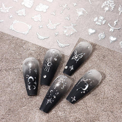 Autocolante 3D metalice argintii pentru unghii, autocolante pentru unghii pentru femei, stea, lună, soare, folie de unghii, autocolante autoadezive, autocolante fluture pentru unghii, autocolante pentru unghii, accesorii pentru design unghii, 8 bucăți