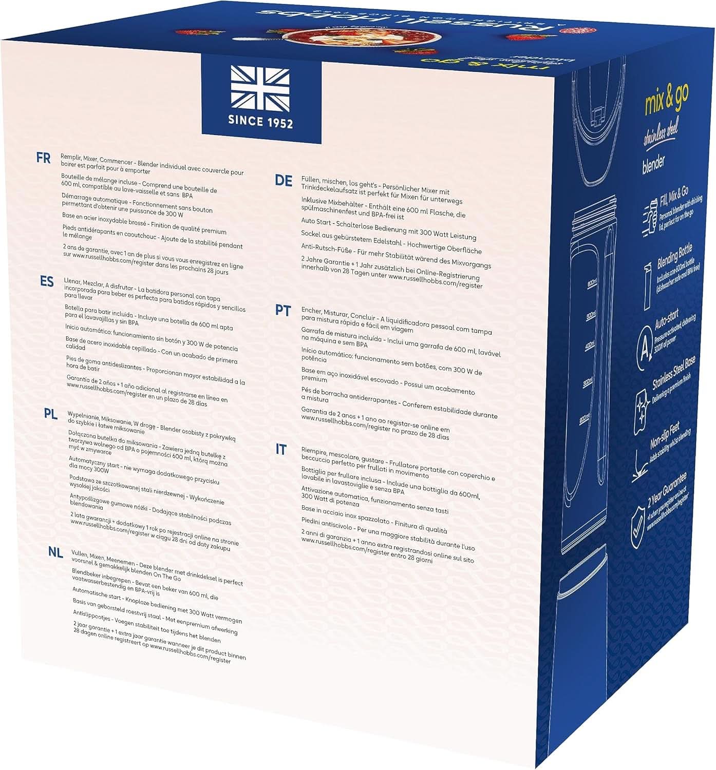 Russell Hobbs Mixer - Standmixer & Smoothie Maker to Go [23.500 U/Min Power-Motor] Inkl. 1X Mixbehälter 600Ml (Bpa-Frei, Spülmaschinen- & Bruchfest Inkl. Deckel) Zerkleinerer, Edelstahl, 23472-56 Kitchen Naty Shop