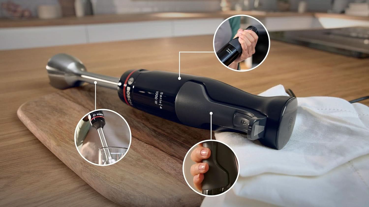 Bosch Stabmixer Ergomaster Serie 4, 1000 Watt, Edelstahl-Mixstab, Zerkleinerer, Mix-/Messbecher, Schwarz Bucatarie Naty Shop