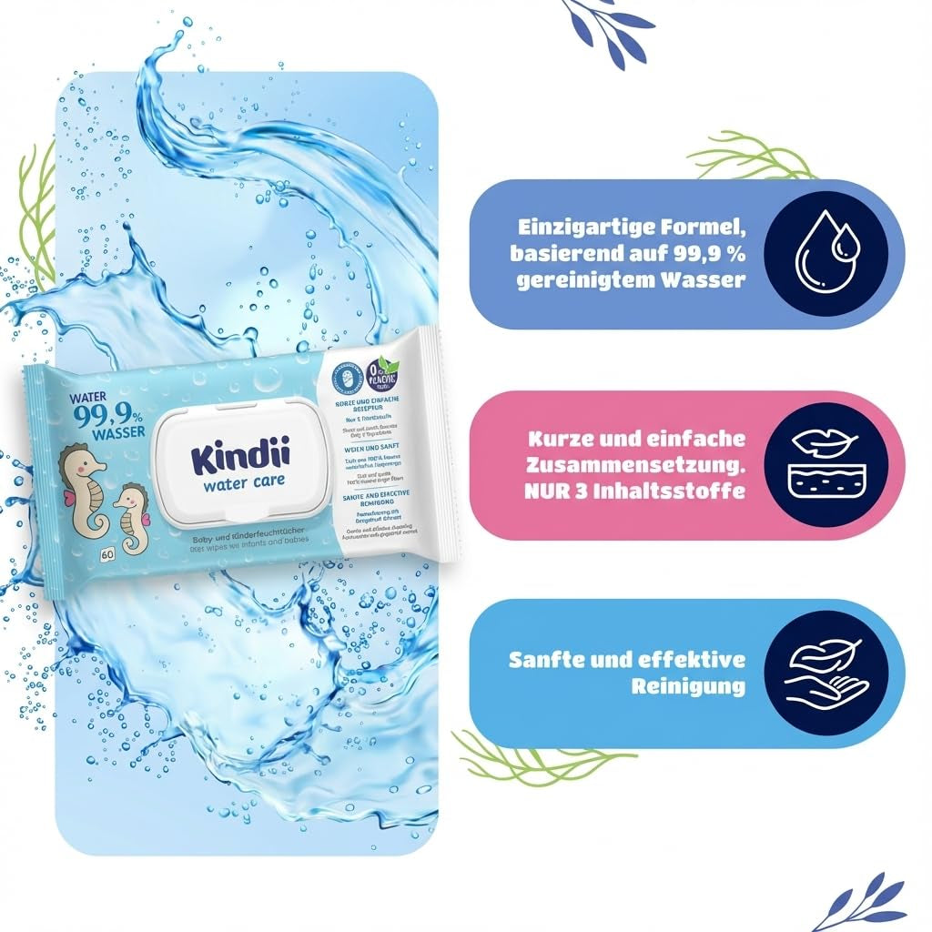 Kindii Water Care Wet Wipes - Aqua Baby Wipes - 100 % viskose, 99,9 % vand, grapefrugtekstrakt, tørklæde størrelse 150x200, 100 % biologisk nedbrydeligt, plastikfri, renseservietter til følsom hud