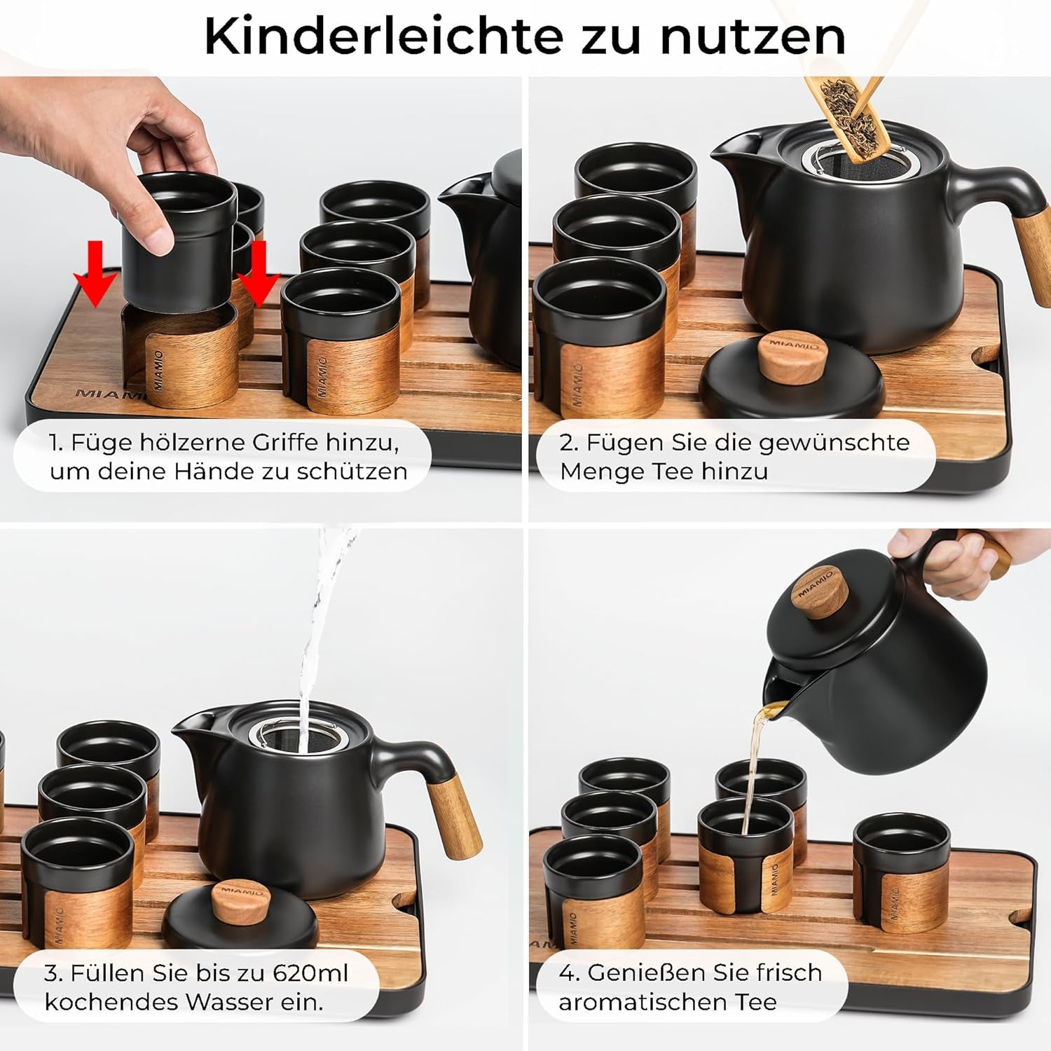 MIAMIO - Set de ceai japonez/chinezesc 6 x 100 ml / Ceainic asiatic 620 ml cu infuzor de ceai, Set tradițional japonez de ceainic pentru iubitorii de ceai/bărbați/femei (negru)