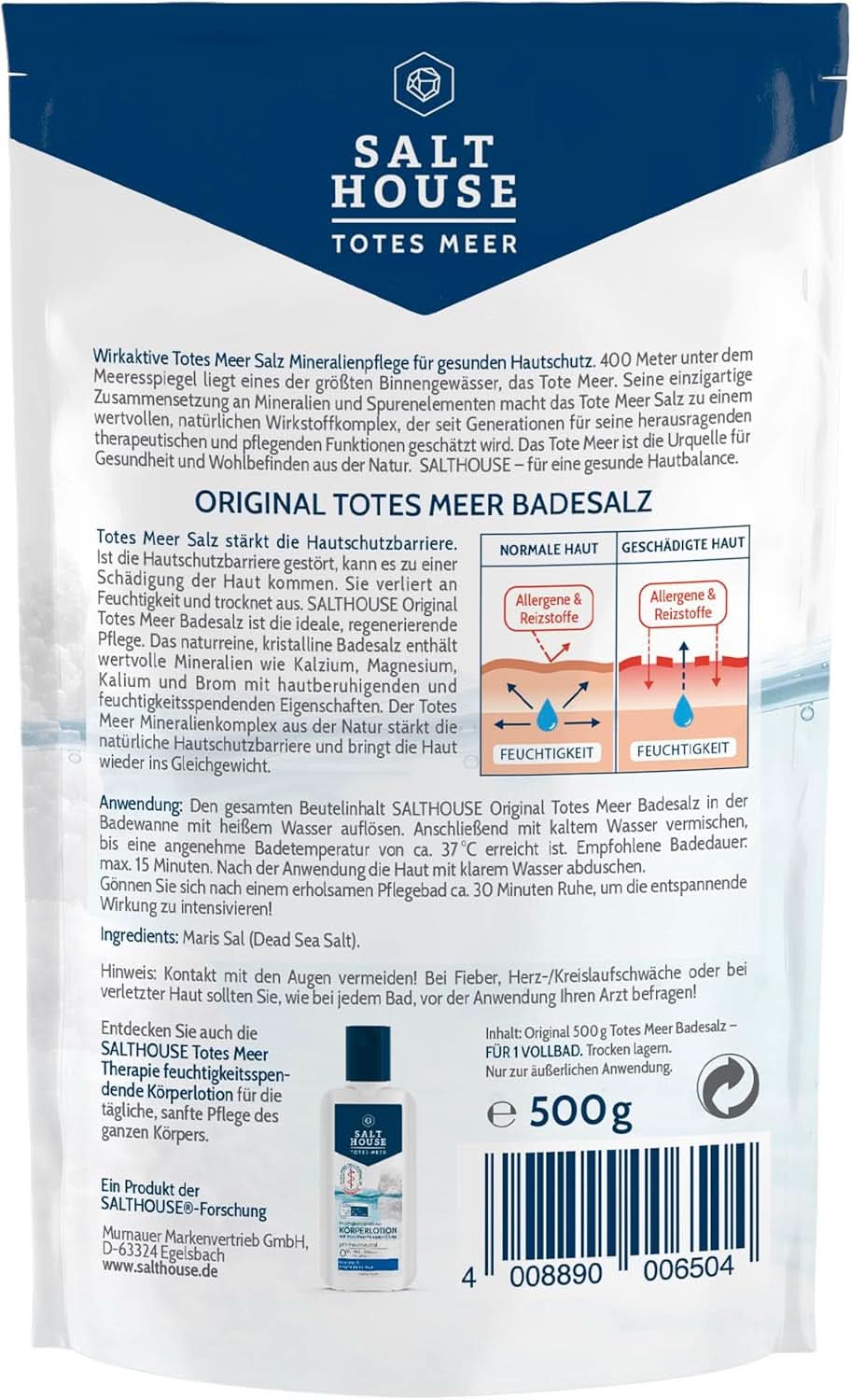 Salthouse originale Dødehavsbadesalte, badesalte, beroligende hudirritation, til følsom tør hud, 100 % naturlig, 500 gram Naty Shop Shower & Bath