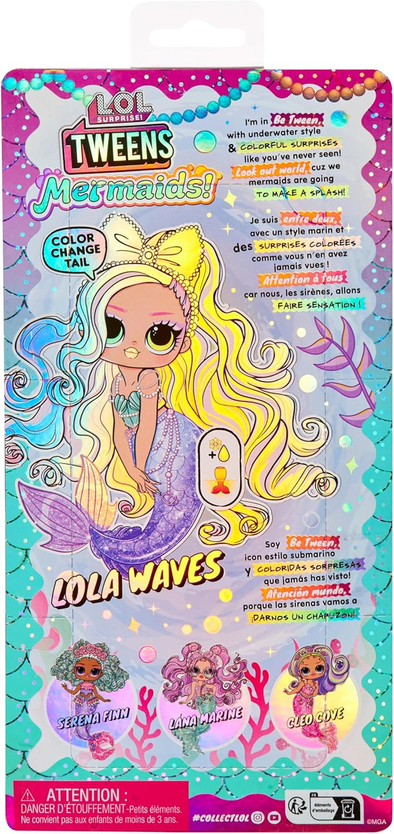 LOL Surprise! Tweens - Sirena Lola Waves - Păpușă de modă cu coadă care își schimbă culoarea, aripioară mobilă și accesorii frumoase - Jucărie pentru copii și colecționari cu vârsta de 4 ani și peste