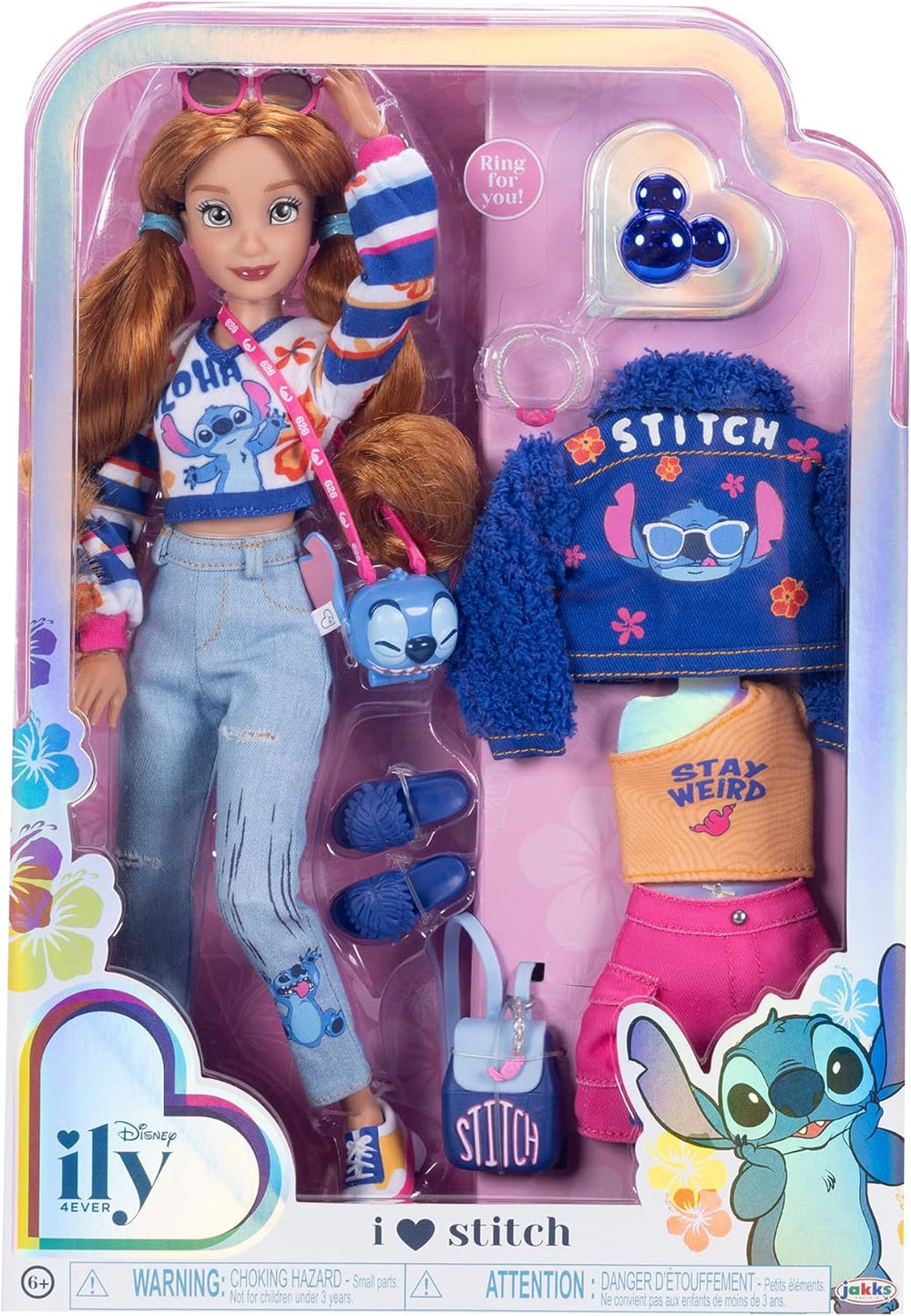 Păpuși la modă Disney ILY 4EVER Stitch cu păr roșu, 29 cm înălțime, cu 13 puncte de articulație, două ținute complete mix-and-match și un inel strălucitor cu Mickey pentru tine!
