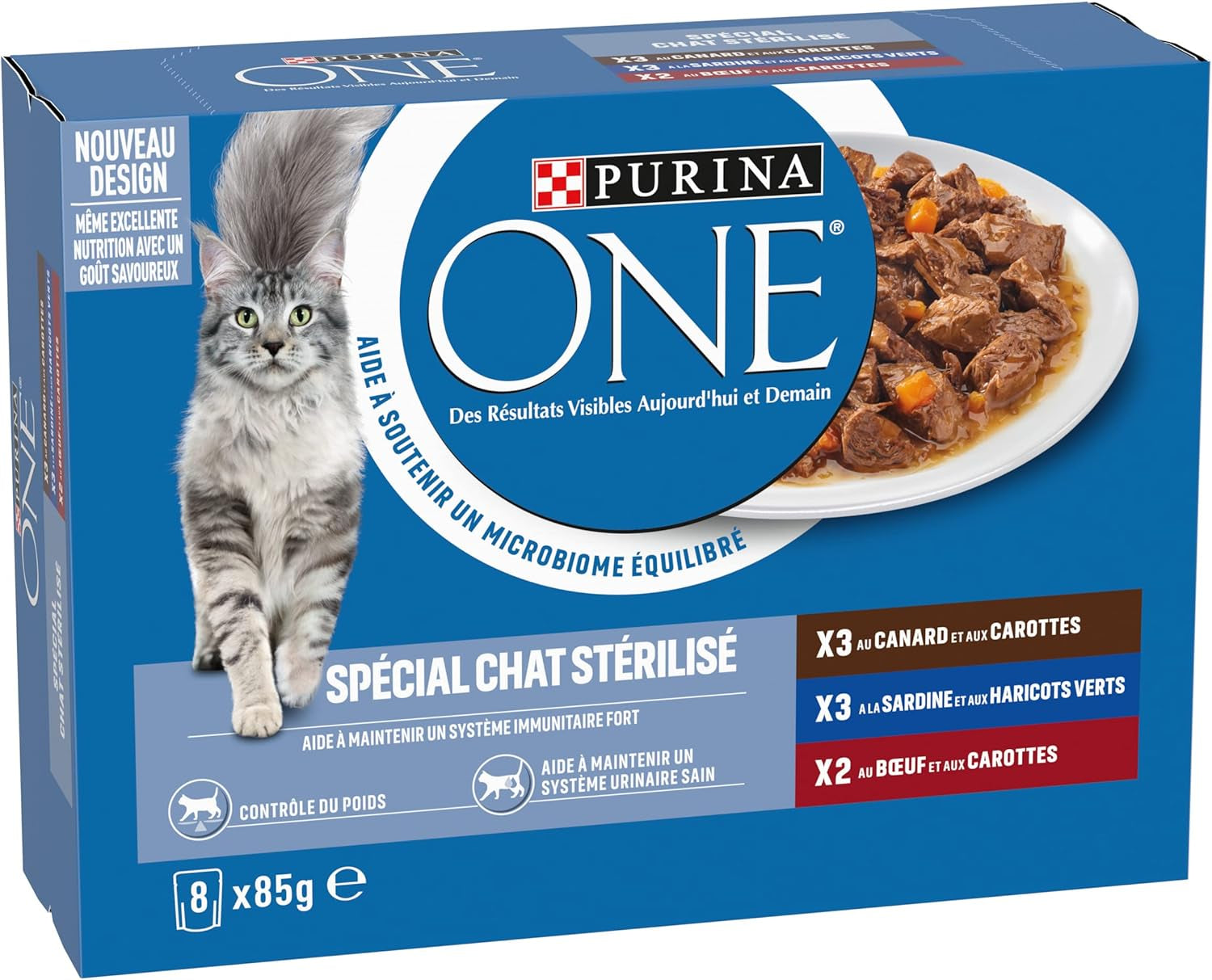 PURINA ONE | BIFENSIS | Hrană pentru pisici adulte sterilizate | Susține vitalitatea pisicii, oaselor, mușchilor și articulațiilor | În sos | Pliculețe cu rață, sardine, vită, prospețime | 1 bucată (8 x 85g)