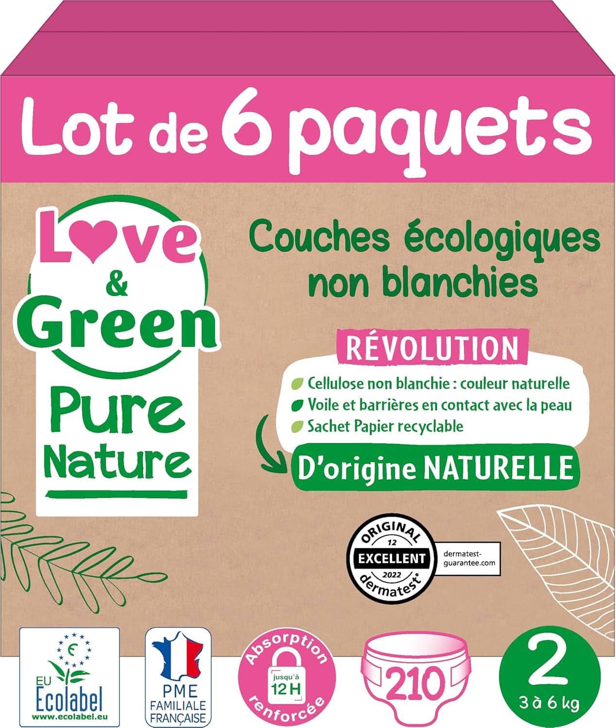 Love Green Nature, ublegede økologiske bleer, uden klor, forskellige størrelser Mor og Barn Naty Shop Str 2, 3 - 6 Kg 210 bleer i alt