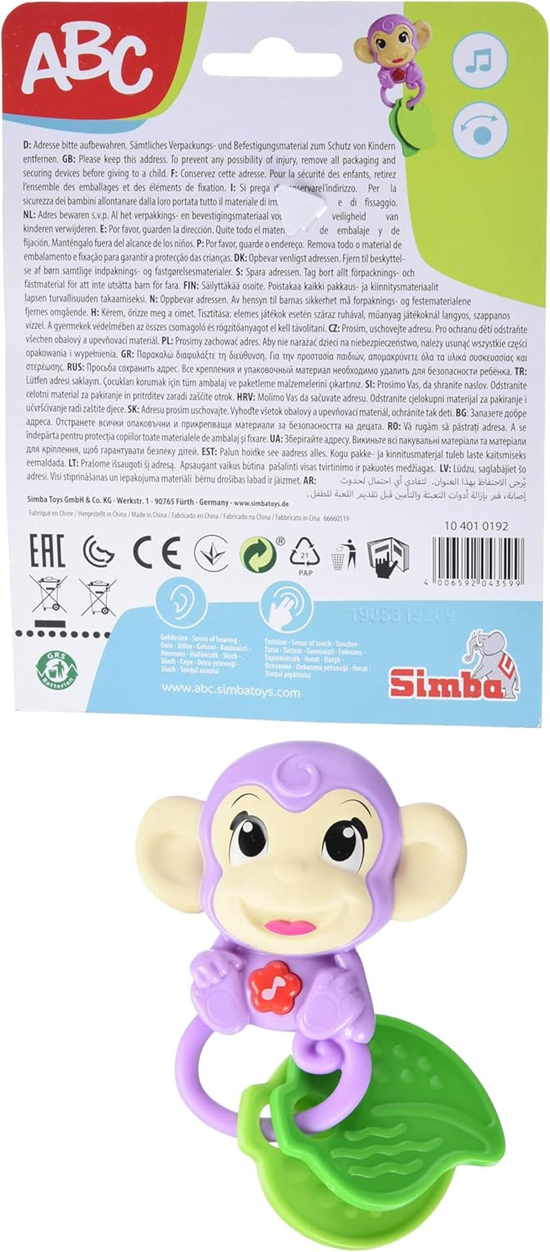 Simba 104010192 - Zornăitor muzical ABC monkey, 2 elemente senzoriale, cu funcție muzicală, 17cm, jucărie pentru copii, de la 6 luni Jucarii Bebe Naty Shop