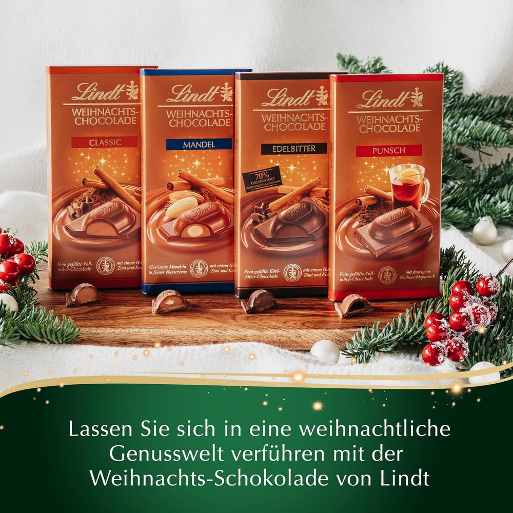Lindt Christmas Mandel Chokoladebar | 100 g | Mandler i valnøddecreme overtrukket med den fineste mælkechokolade | julechokoladegave
