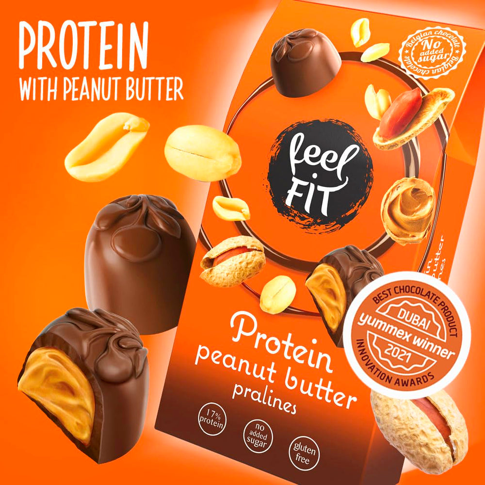 Feel FIT Jordnøddesmørproteinpraliner i højkvalitets mælkechokolade, uden tilsat sukker, 17 % protein, glutenfri 66 g (1 pakke)