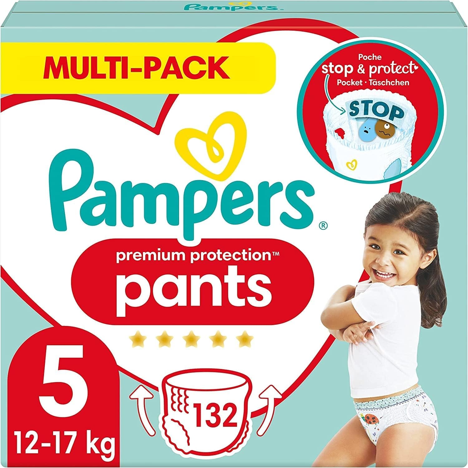 Pampers Premium Protection Pants Str. 7, 123 Bleer, 15 kg+, med 360° justering og bløde anti-lækage manchetter for optimal komfort og beskyttelse