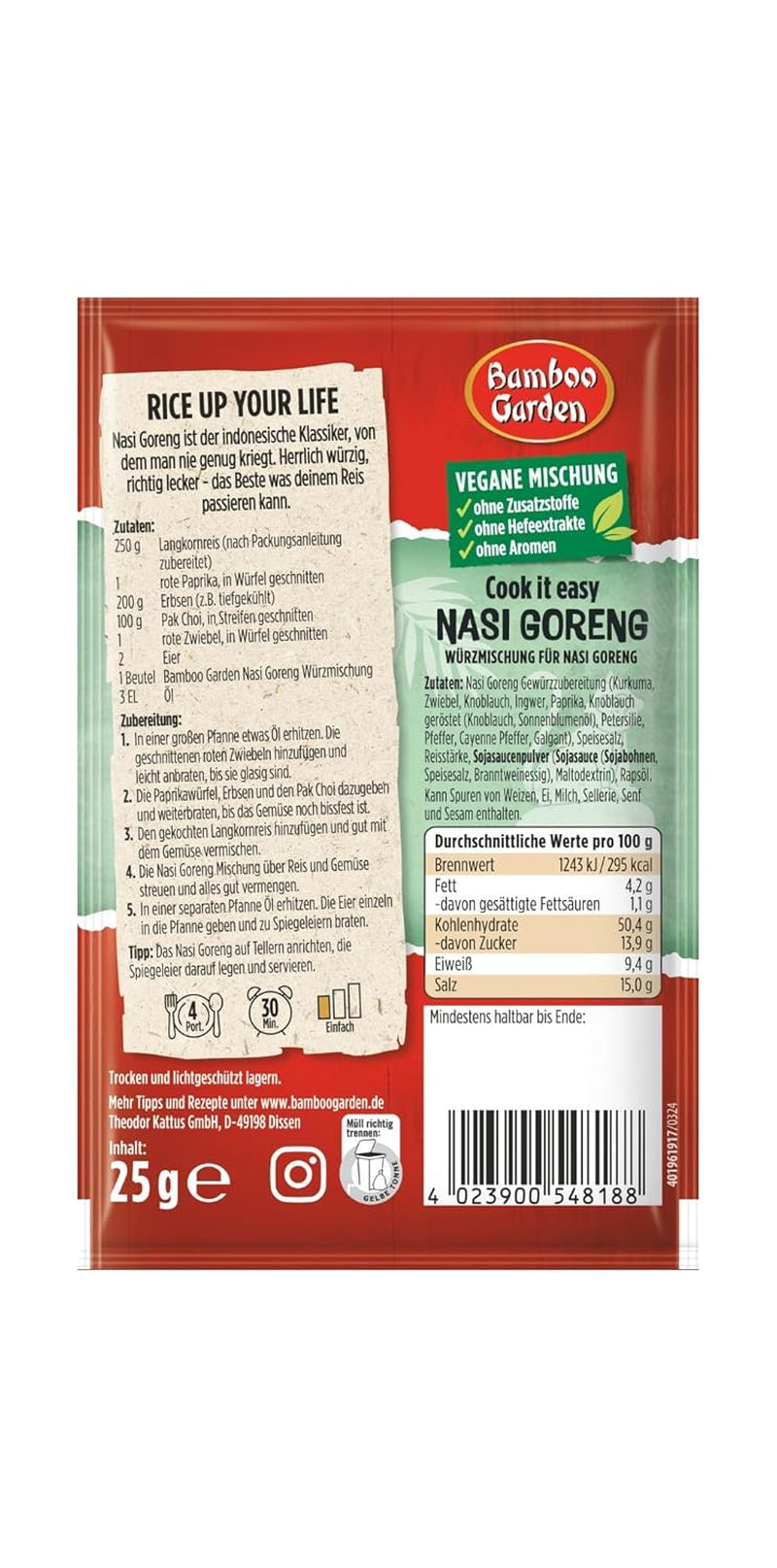 Bambushave - Nasi Goreng Würzmischung | Zum Würzen von Asiatischen Reisegerichten | Til 4 portioner | Vegansk, ohne Zusatzstoffe, ohne Hefeextrakte, ohne Aromen | 25 g i pose