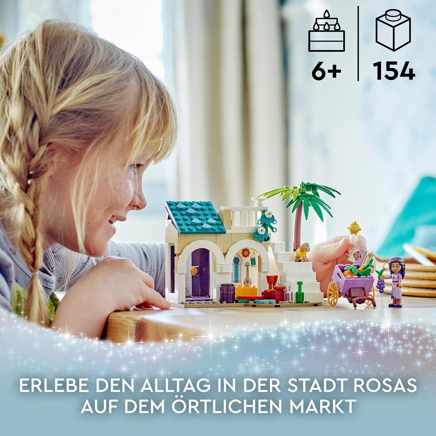 LEGO 43223 Disney-ønske Asha i Rosas City, Ønskefilmsæt med marked, Asha-minidukke, Valentino som legetøjsged og stjernefigurer, gave til børn 6 år, byggesæt til piger og drenge Besuche den LEGO-Store