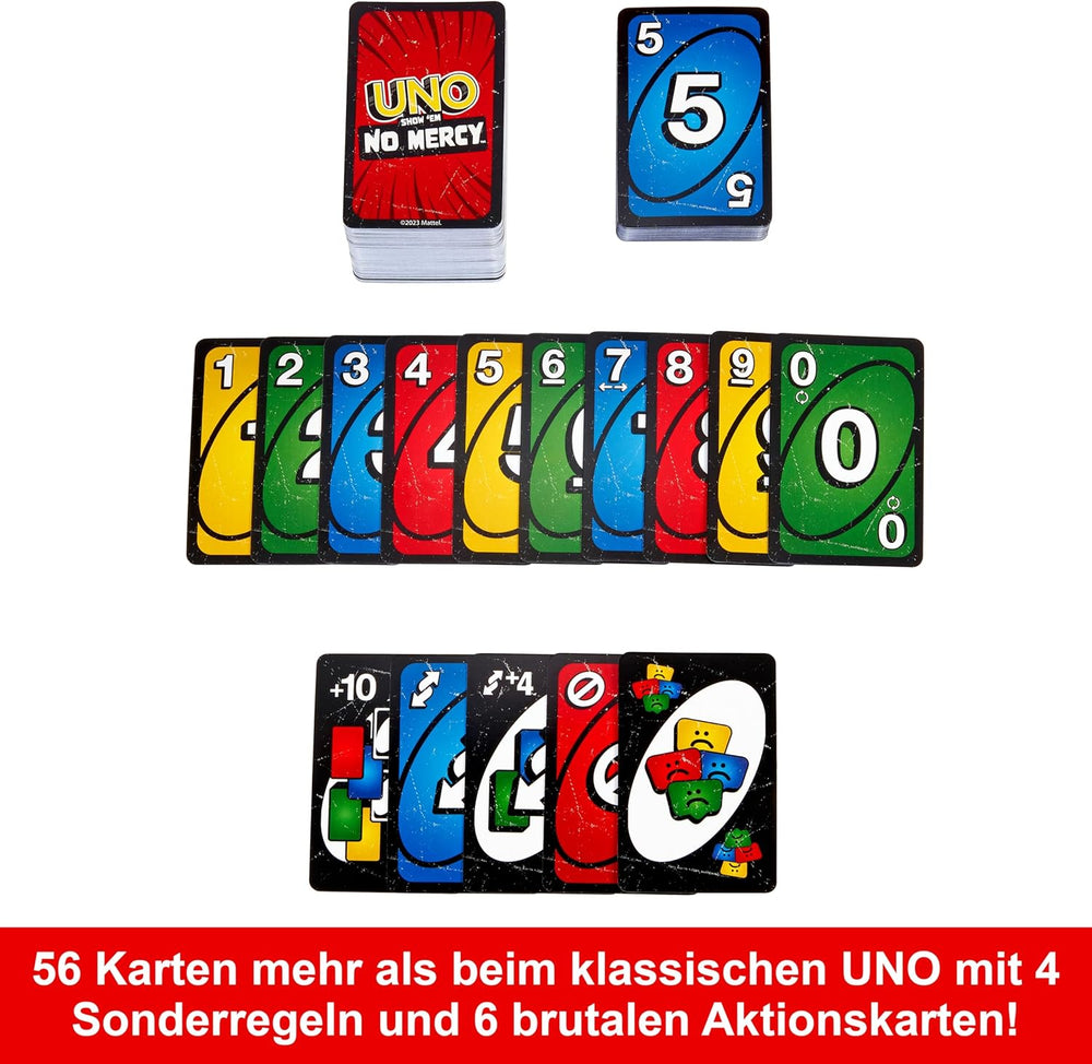 Mattel UNO Show 'em No Mercy - 56 ekstra kort, udfordrende actionkort og brutale spilleregler for den mest nådesløse version, stabelregel og håndudveksling, alder 7+, HWV18