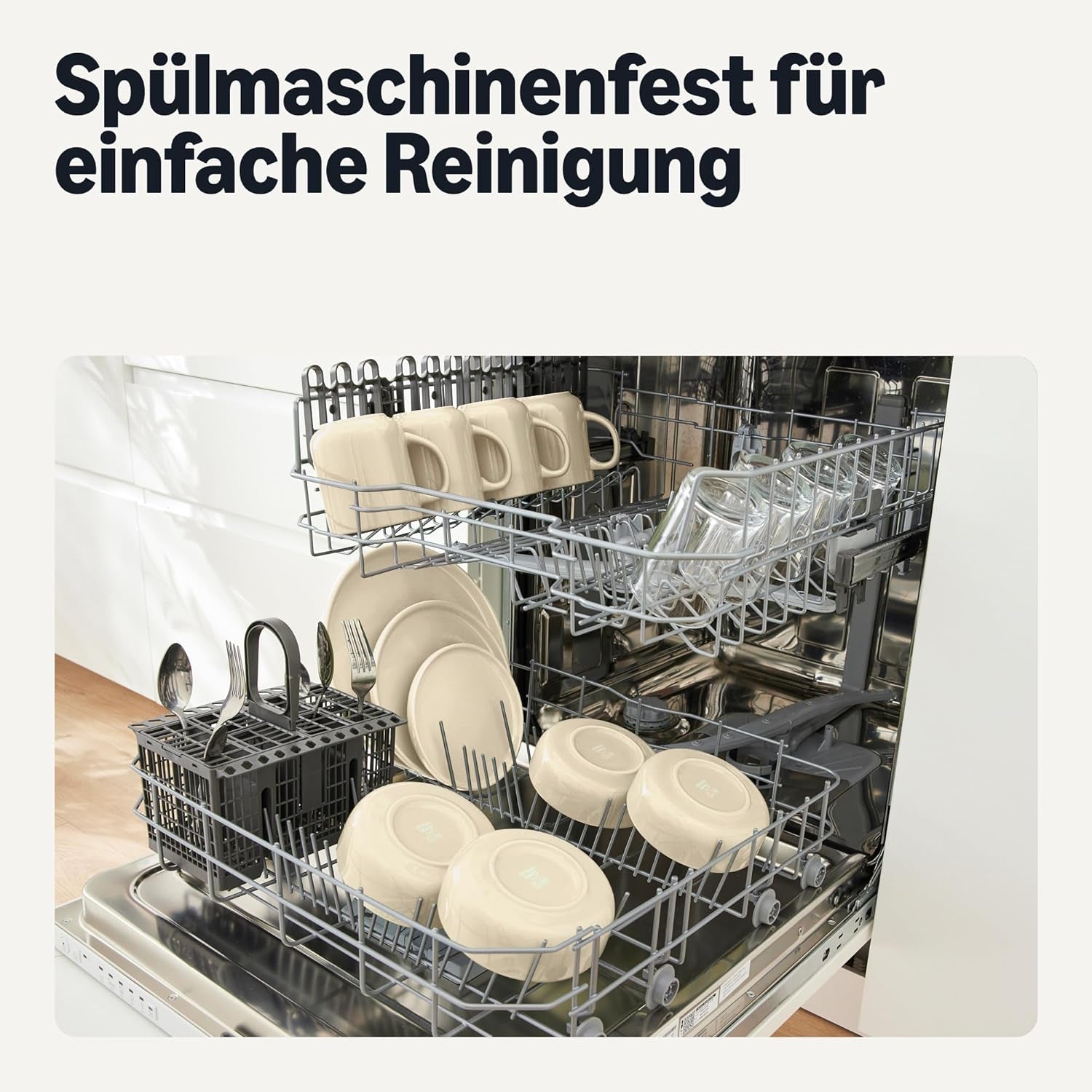 Set de veselă din gresie glazurată Amazon Basics, 18 piese, 6 seturi complete, lavabil în mașina de spălat vase, ivory