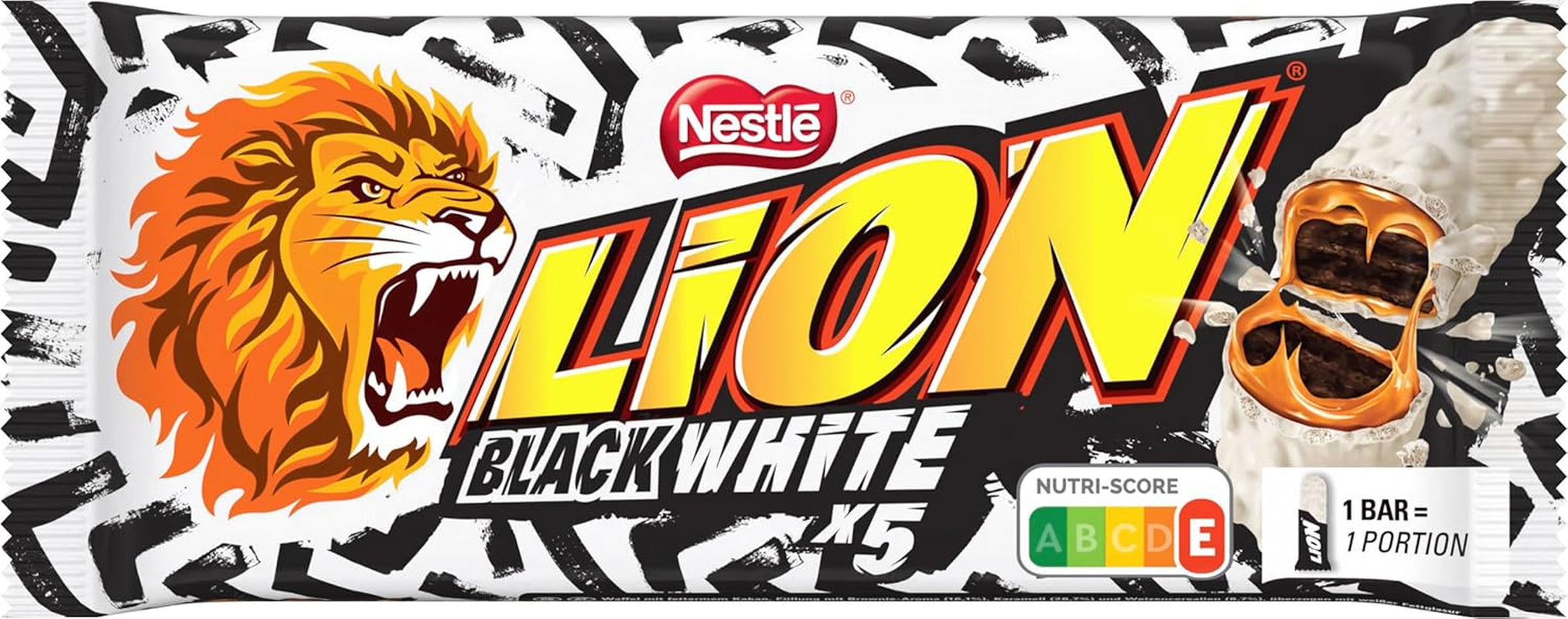 LION Black & White chokoladebar, en snack med en intens smag, sprød chokolade og sprøde chips, browniefyld, en unik læskende oplevelse, 1 pakke (5 x 30g)