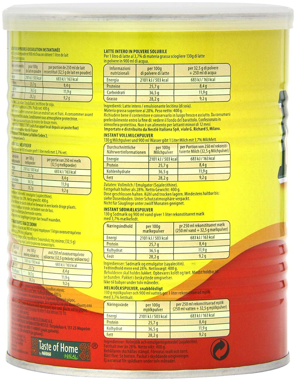 Nestle Nido Vollmilchpulver – Instant Creme für Kaffee- und Teagetränke mit Vitaminen & Mineralstoffen & ohne Konservierungsmitteln or Farben - 400g Dose