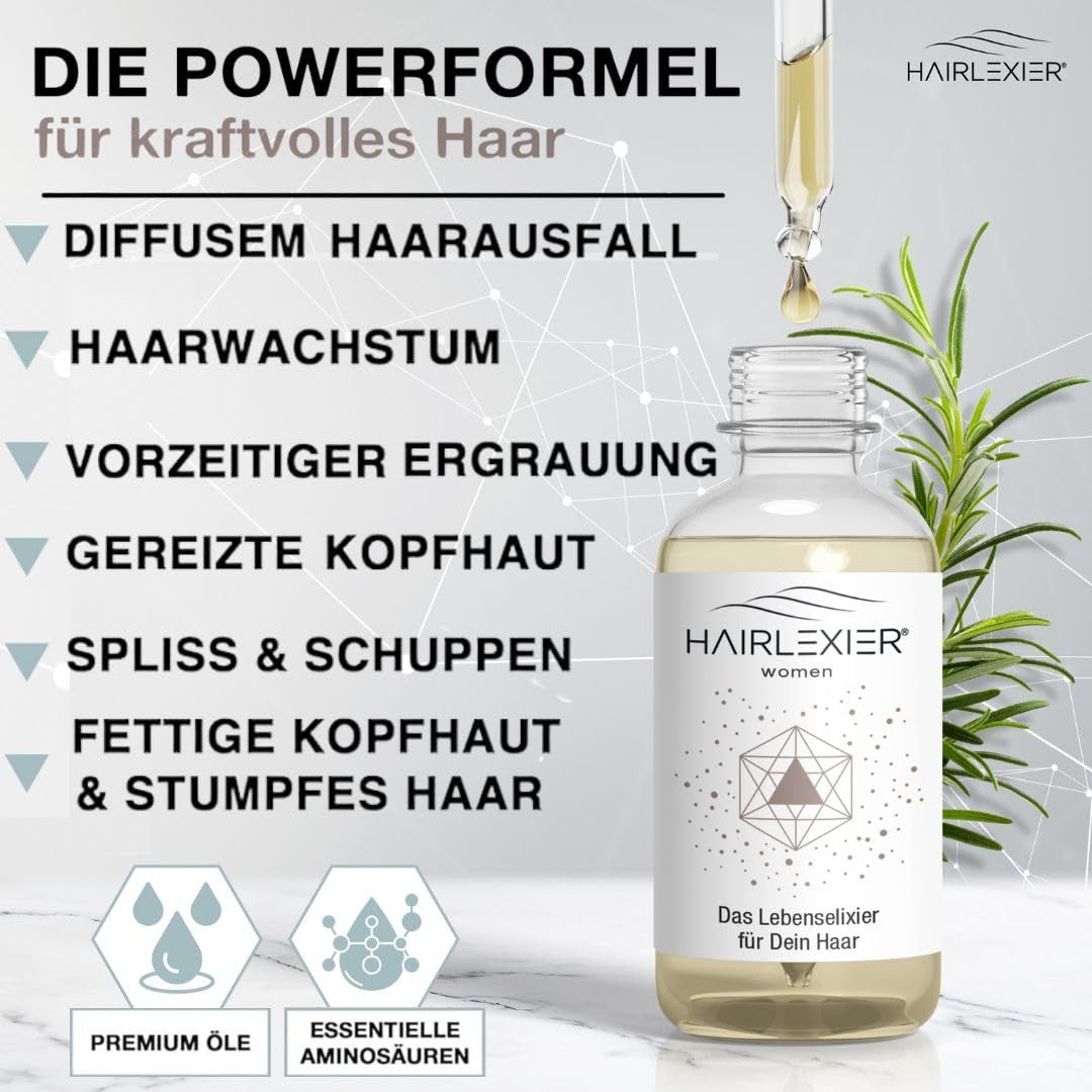 Hairlexier remediu de creștere a părului pentru femei - ulei de rozmarin pentru păr, ulei de păr cu ulei de ricin, ulei de lavandă, ser natural pentru păr împotriva căderii părului difuz, susține creșterea părului, vegan și organic + caiet de lucru Ingrijirea parului Naty Shop