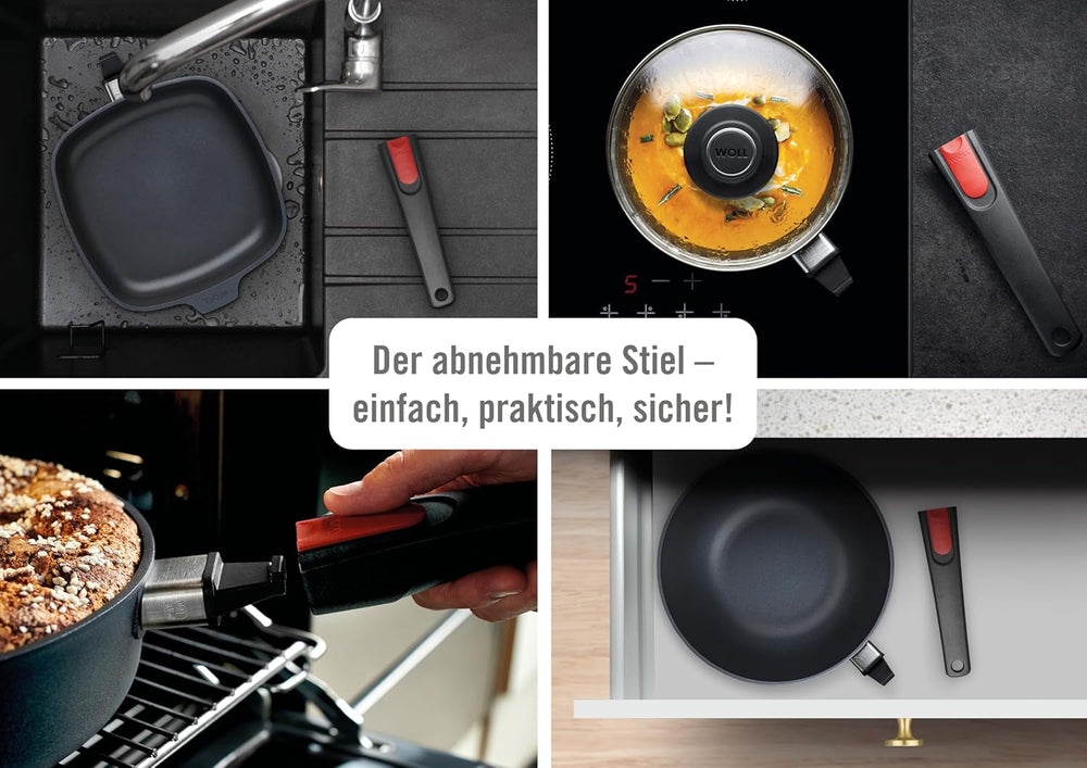 Woll Diamond Lite flad pande - Induktion -, Ø 20 Cm, 5 Cm højde, Med aftageligt håndtag - Velegnet til alle typer kogeplader, Støbt aluminium, Non-stick belægning Gryder og pander Naty Shop