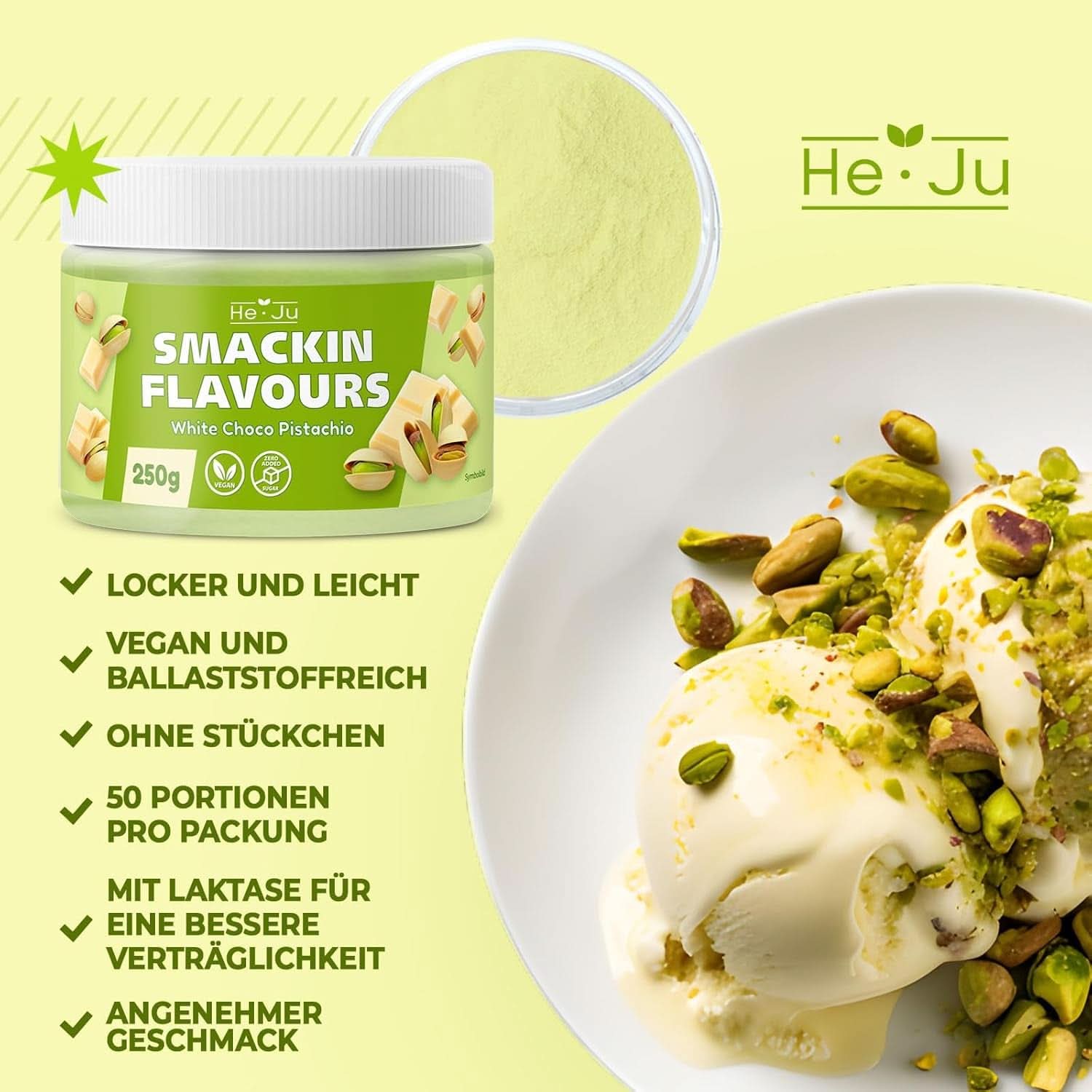 He-Ju, Pulver med hvid chokolade og pistacie smag, 250 gram Naty Shop Flavours